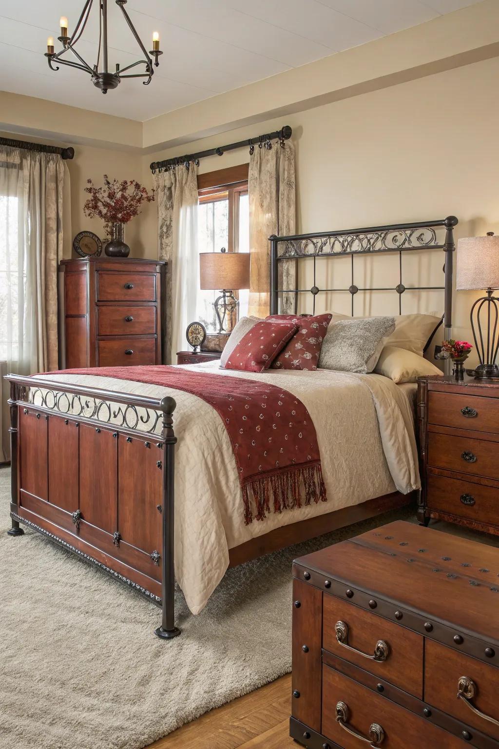 Metal features adding a modern twist to cherry wood furniture.