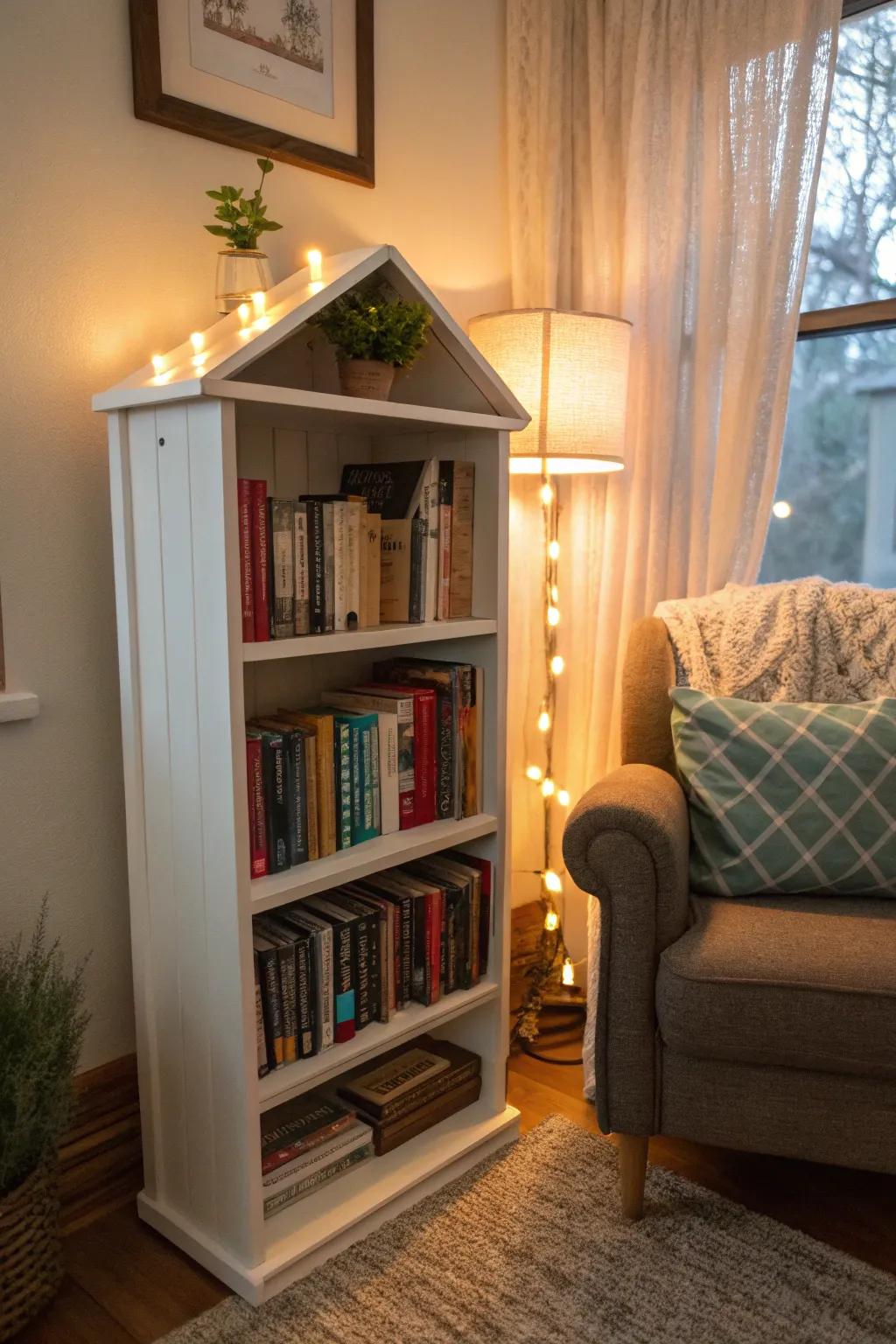 A mini reading area filled with favorite books and decor.