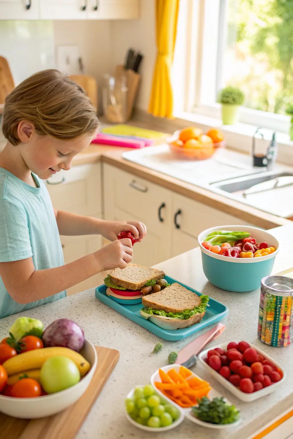 A child prepares their school lunch, learning independence.