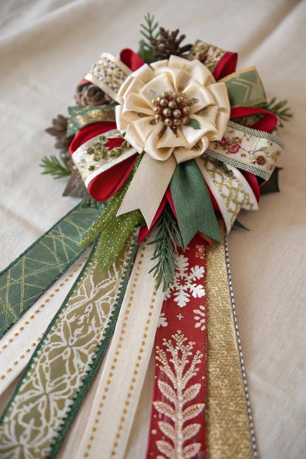 A romantic Christmas corsage featuring layered textiles.