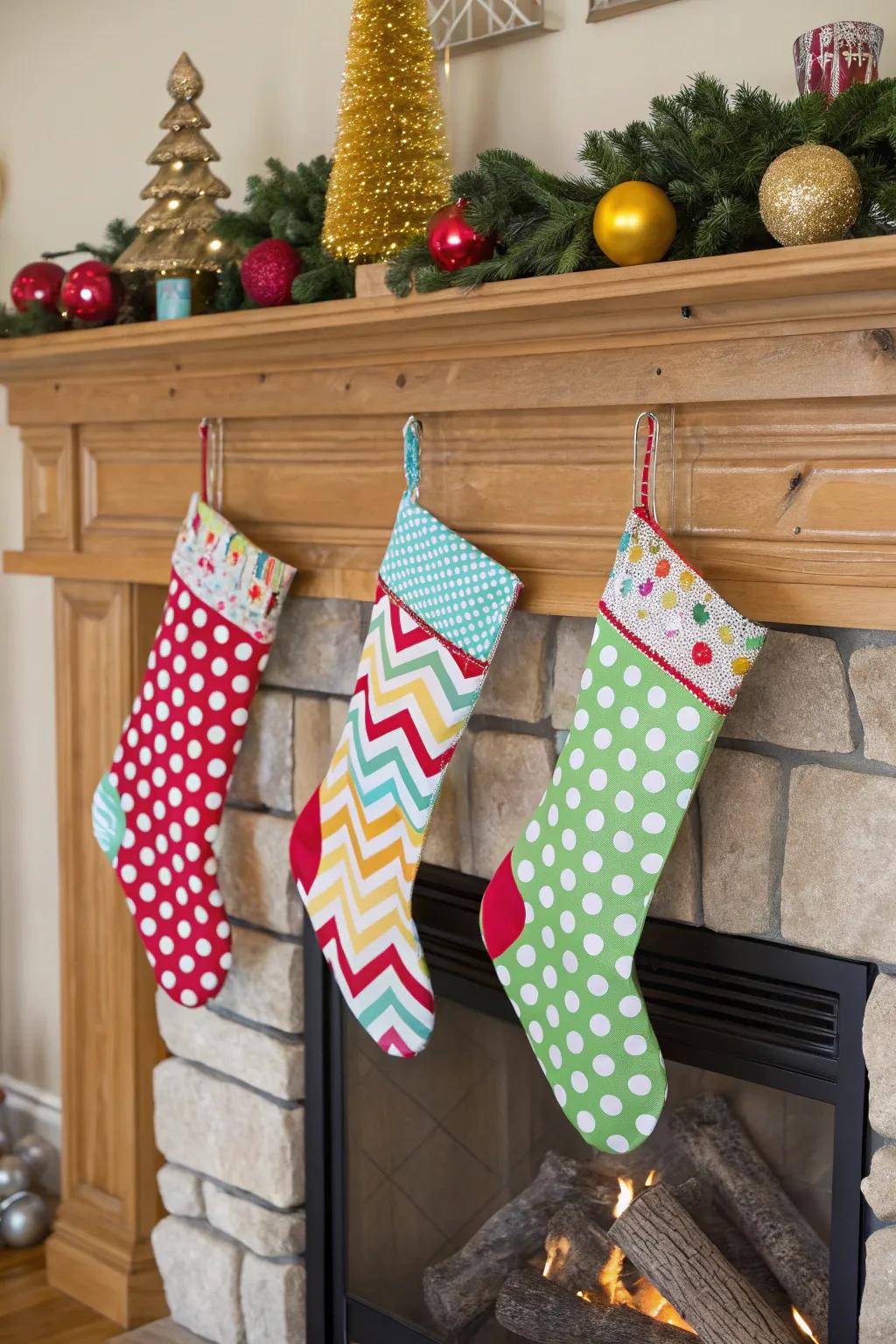 Lively designs like round spots add whimsy to holiday stockings.