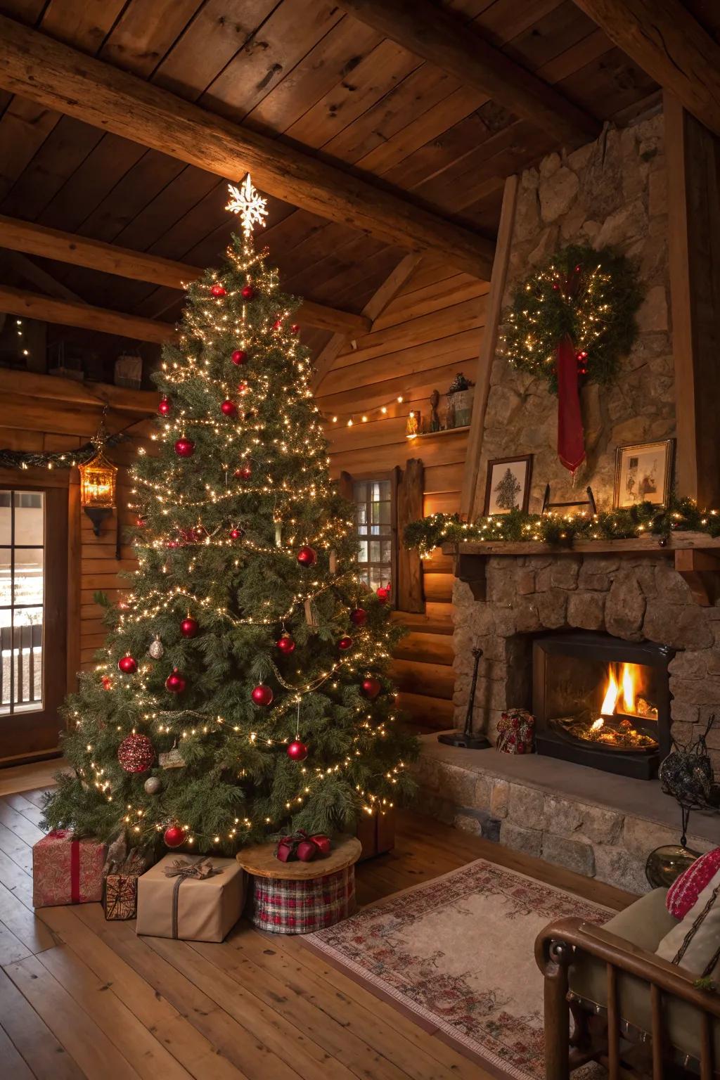 A snug Christmas tree showcasing countryside components and vibrant lights, crafting a warm and inviting holiday atmosphere.
