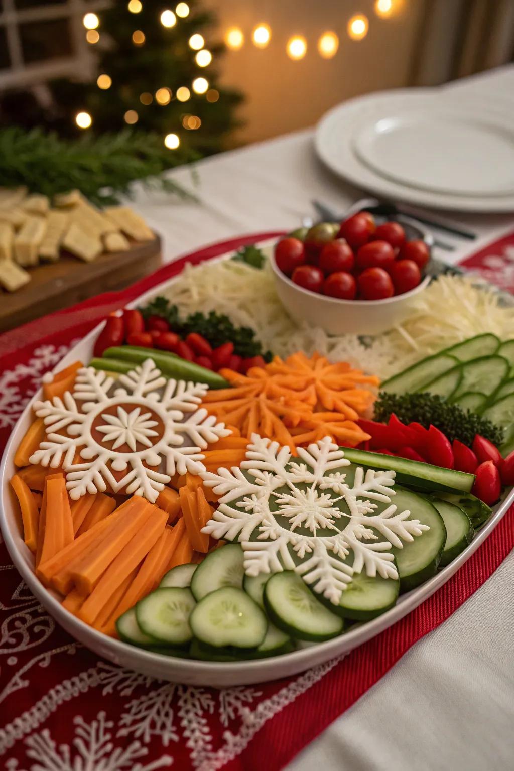 Intricate snowflake veggie patterns for a touch of elegance.