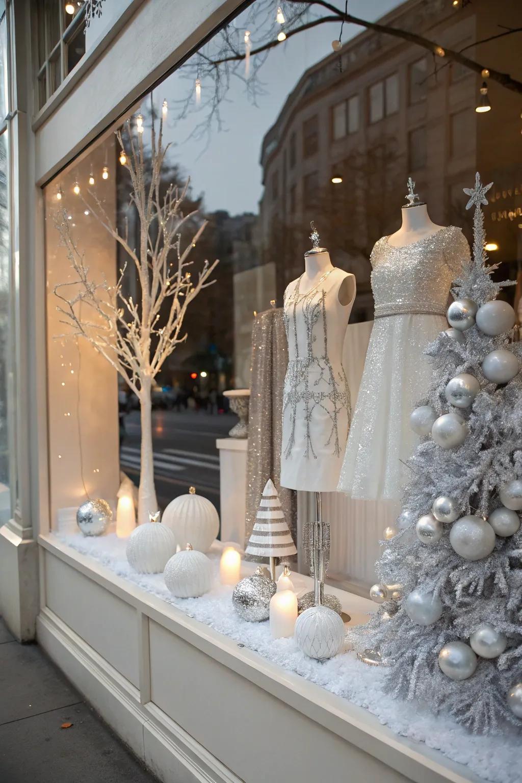 A chic pane display is created by a monotone blend of white and silver.