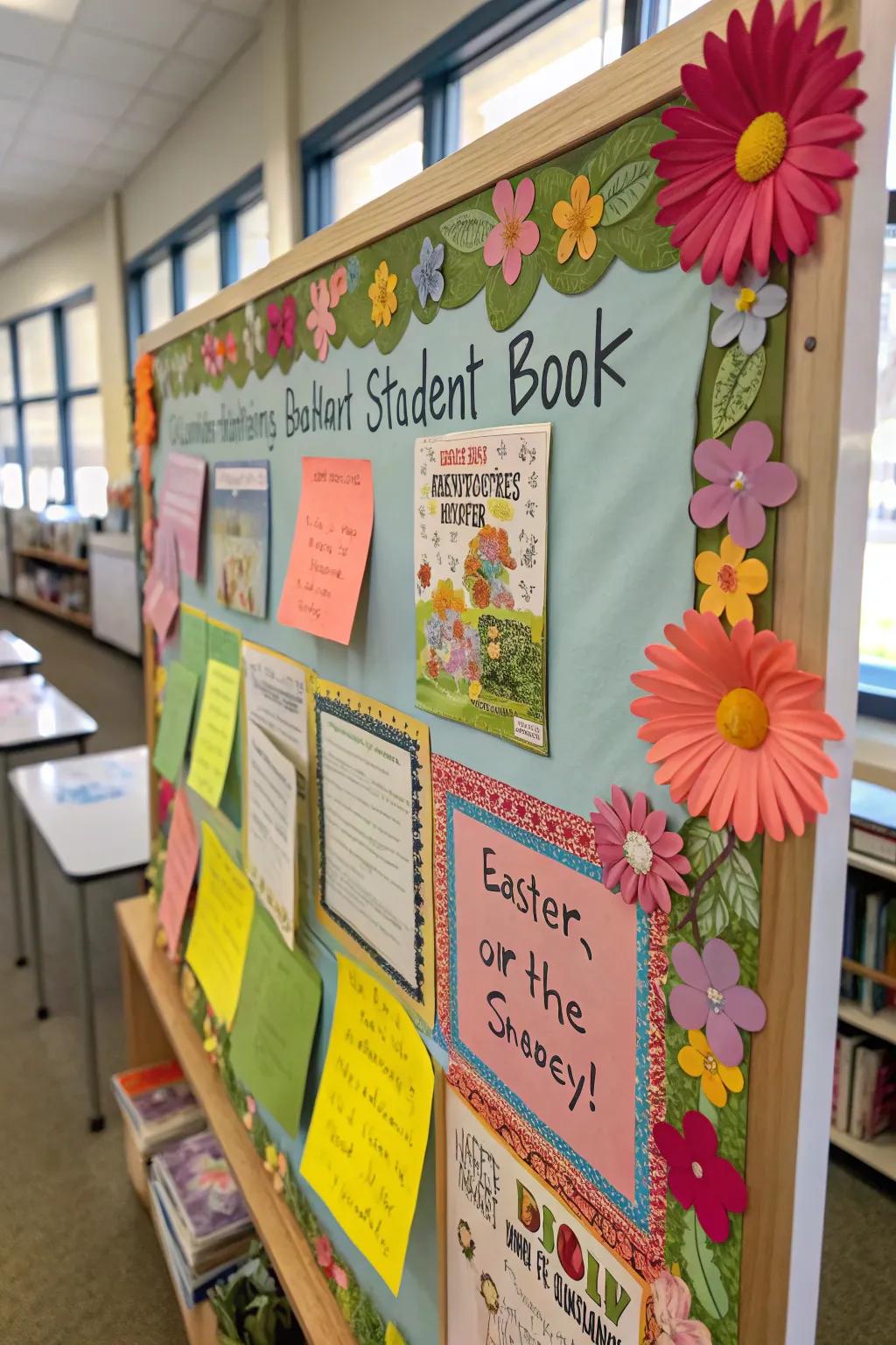 A literary-themed bulletin board that features Easter and spring book jackets.
