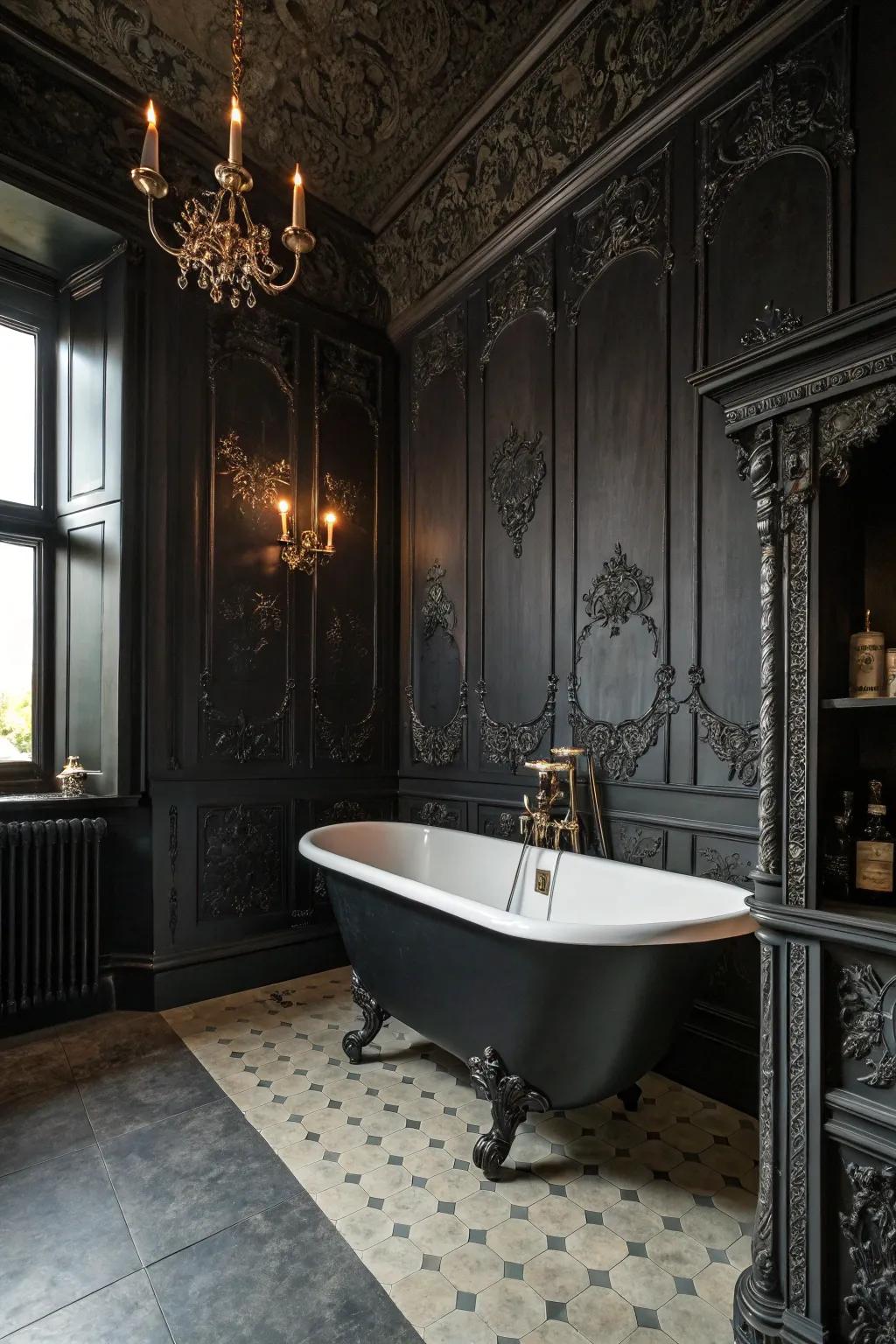 A dramatic bathroom where dark elegance and mystery blend seamlessly.