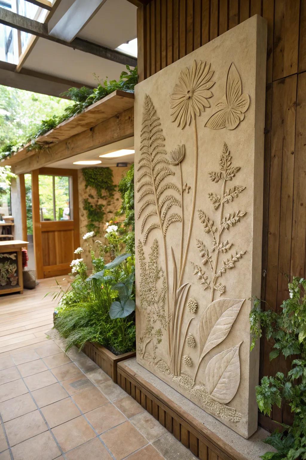 Botanical garden clay relief sculpture, bringing a burst of green into your home.