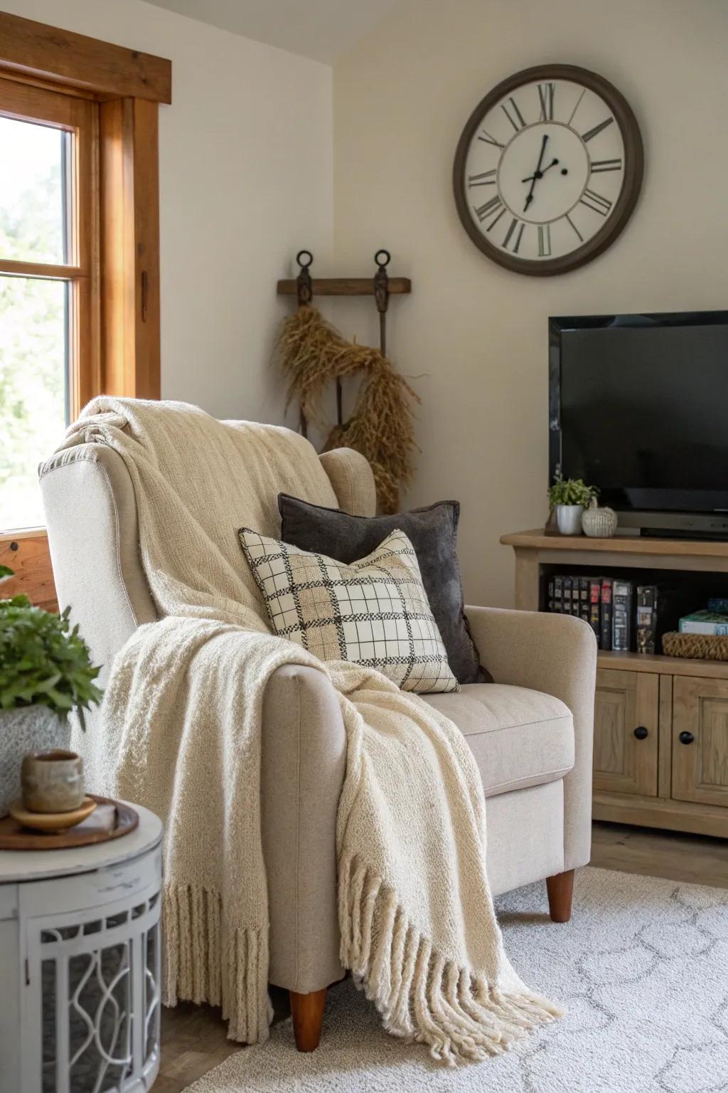 Textiles create a cozy nook around the TV and clock.