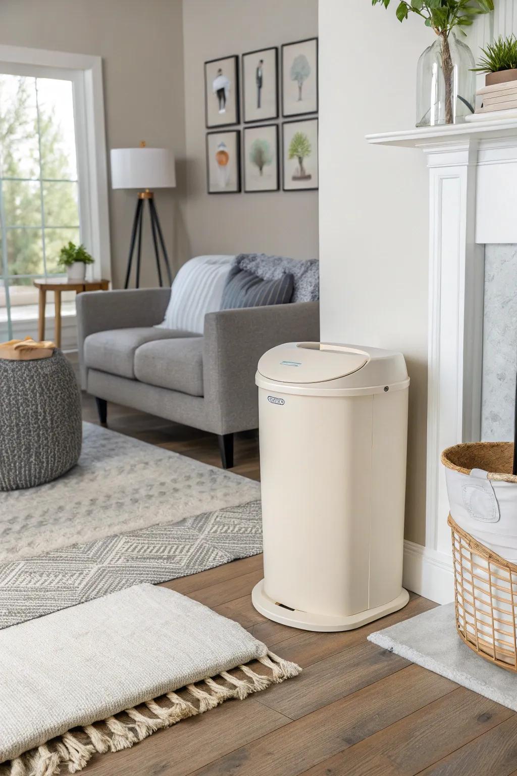 A well-integrated diaper pail complements the contemporary decor of a home.