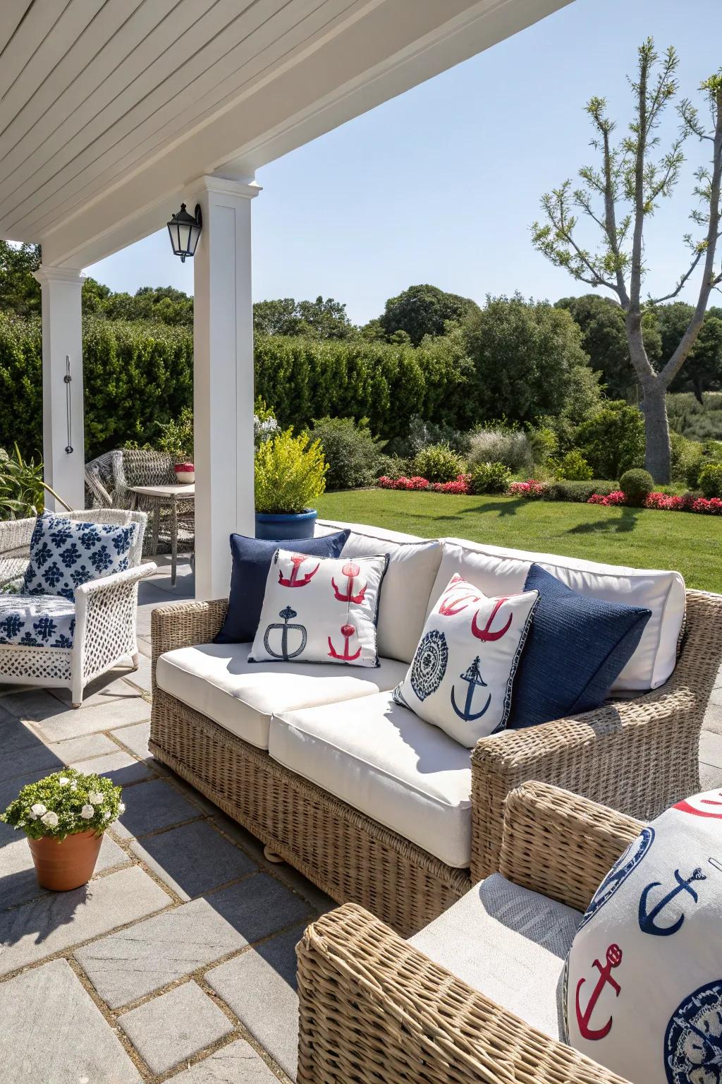 An inviting outdoor space complements the seaside farmhouse style.