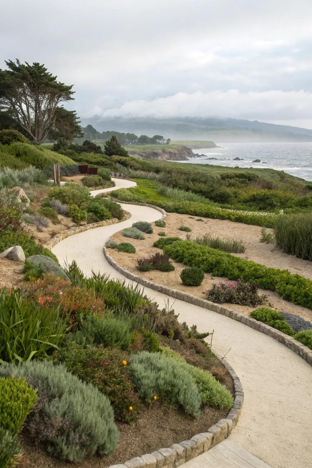 Organic curves create a harmonious flow in coastal gardens.