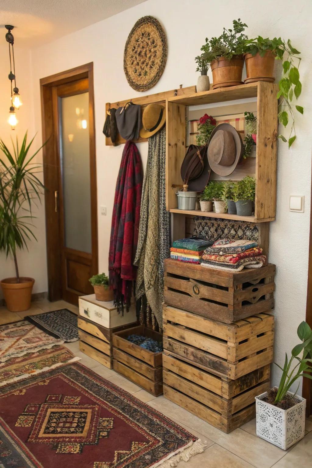 Retro crates repurposed into an exclusive shelf and garment hanger amalgamation.