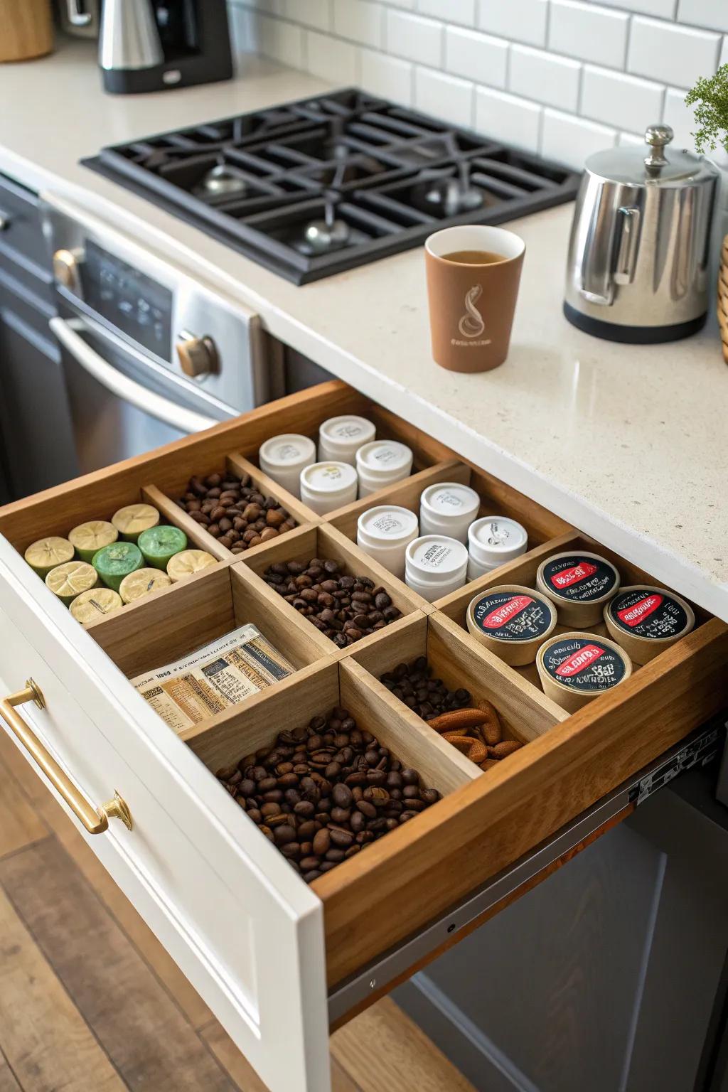 Handmade dividers allow for a unique coffee drawer layout.