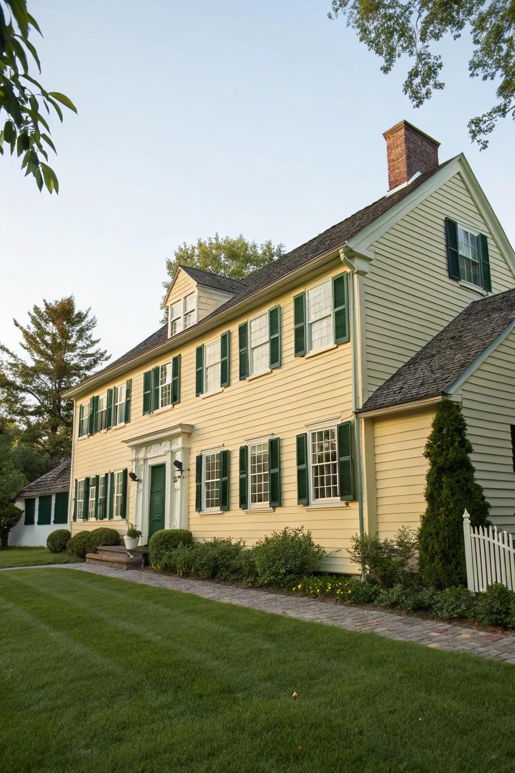 A warm and inviting colonial house with a pale golden frontage and deep green window coverings.