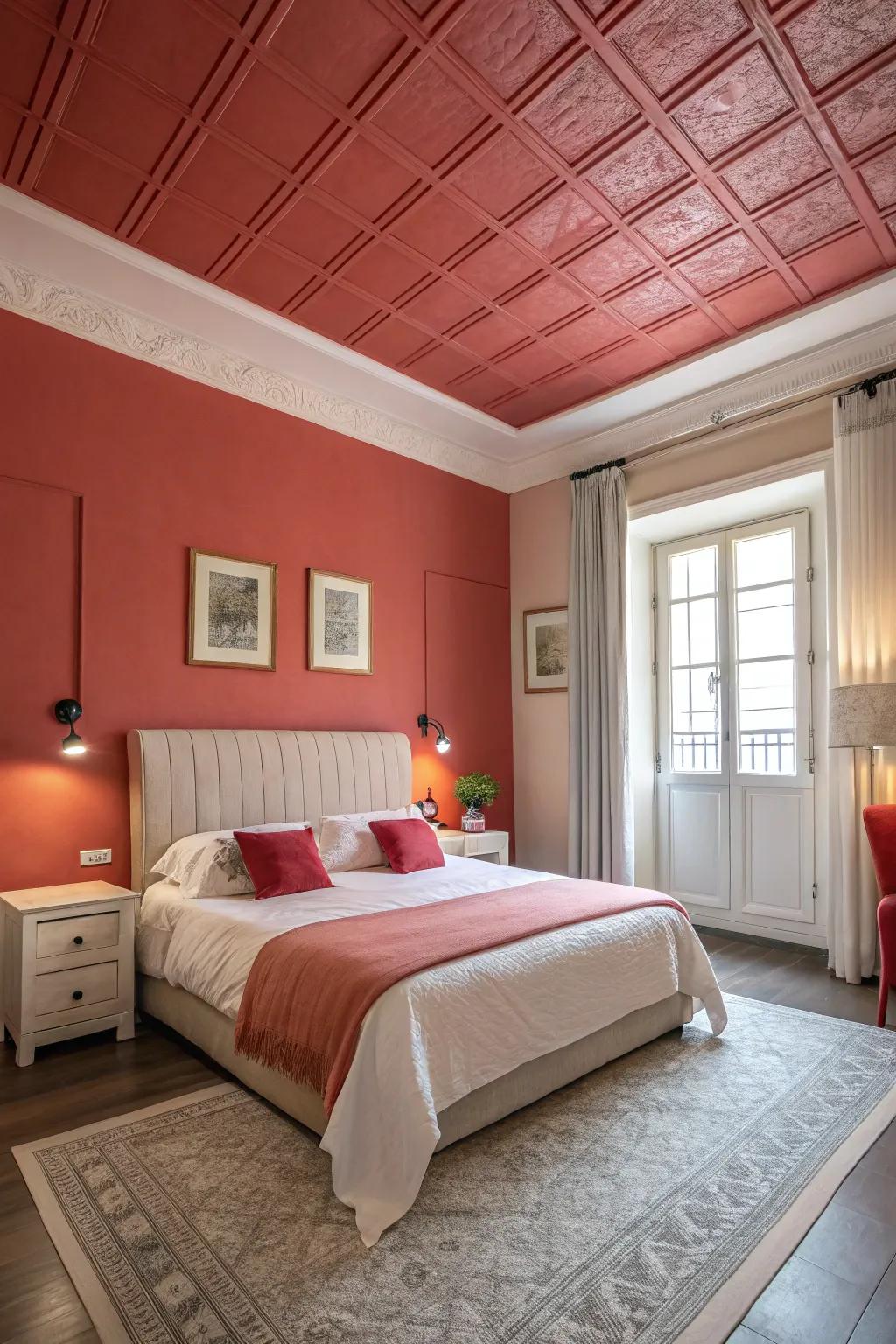 A daring ceiling choice adds a sense of enclosure and unity to this bedroom.