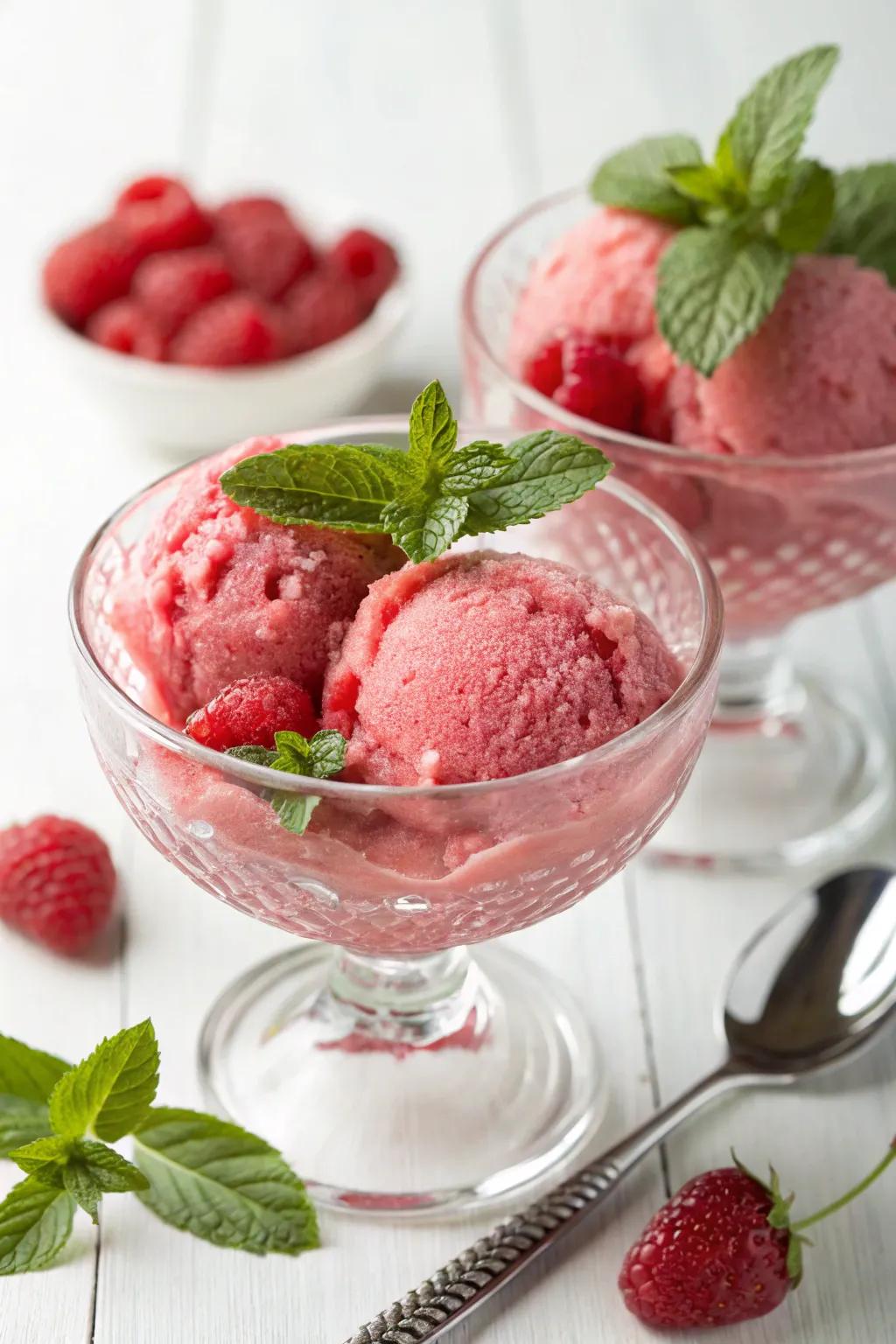 A delightful serving of scarlet berry sherbet providing a sweet end to the meal.