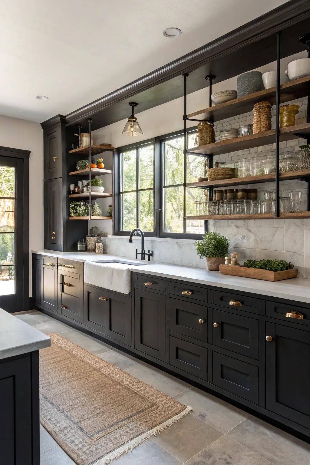 Dark cabinets paired with open shelving for a balanced and airy kitchen vibe.