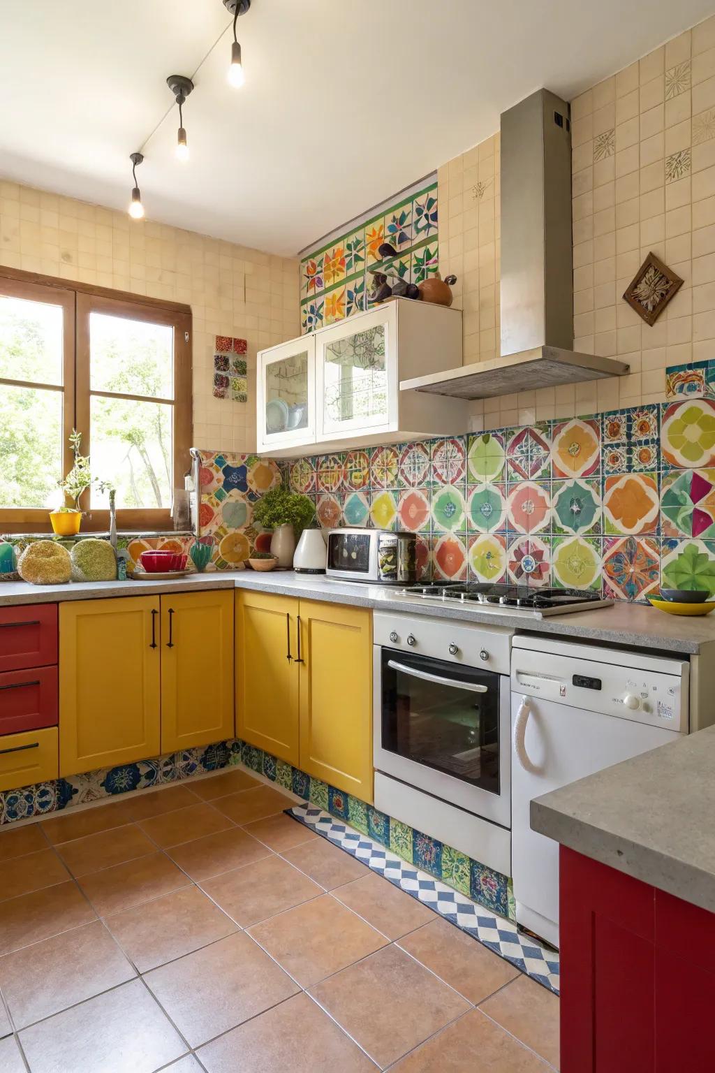 A vibrant backsplash adds personality and color to the cooking area.