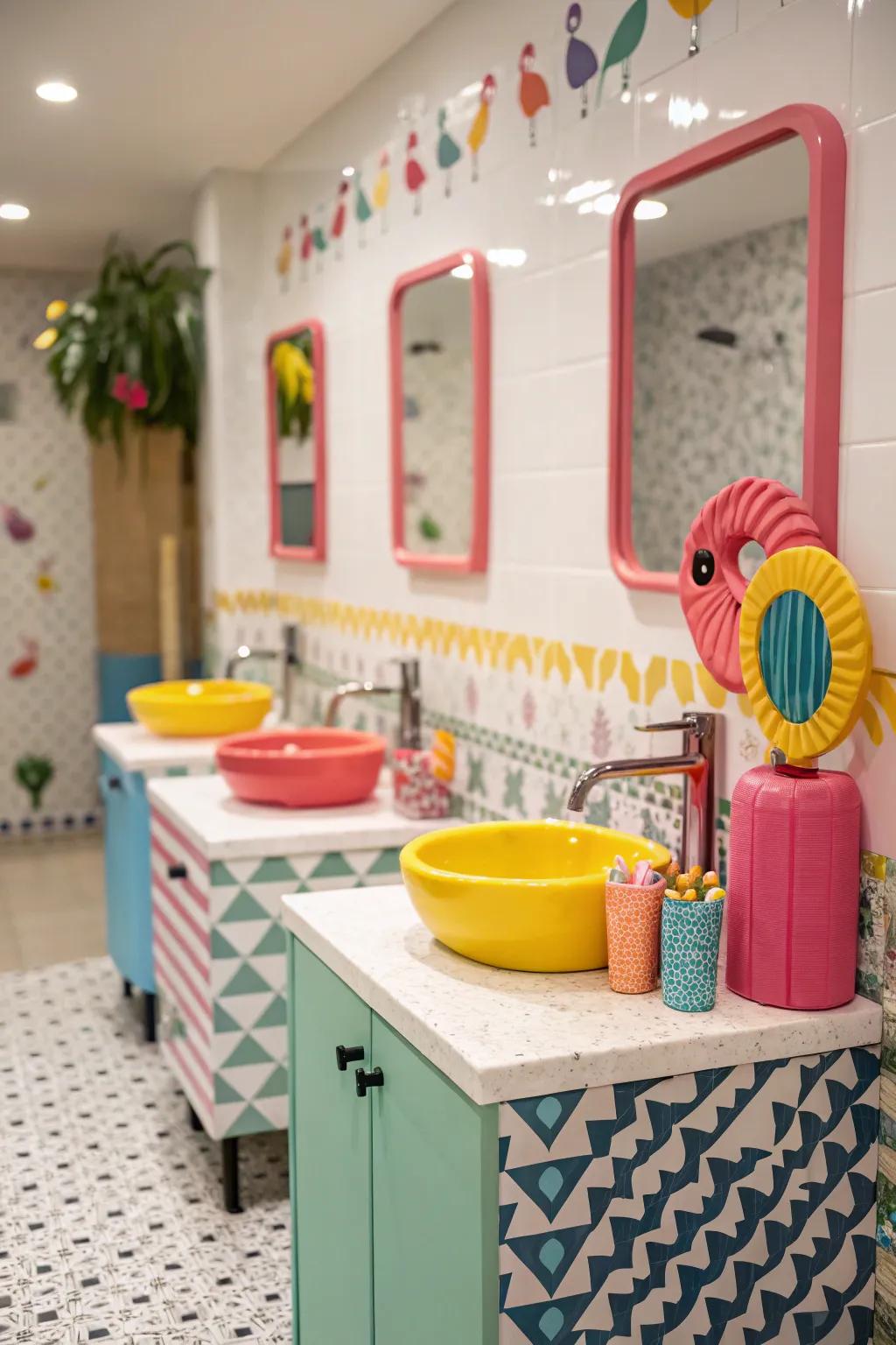 Colorful fixtures add a playful element to this guest bathroom.