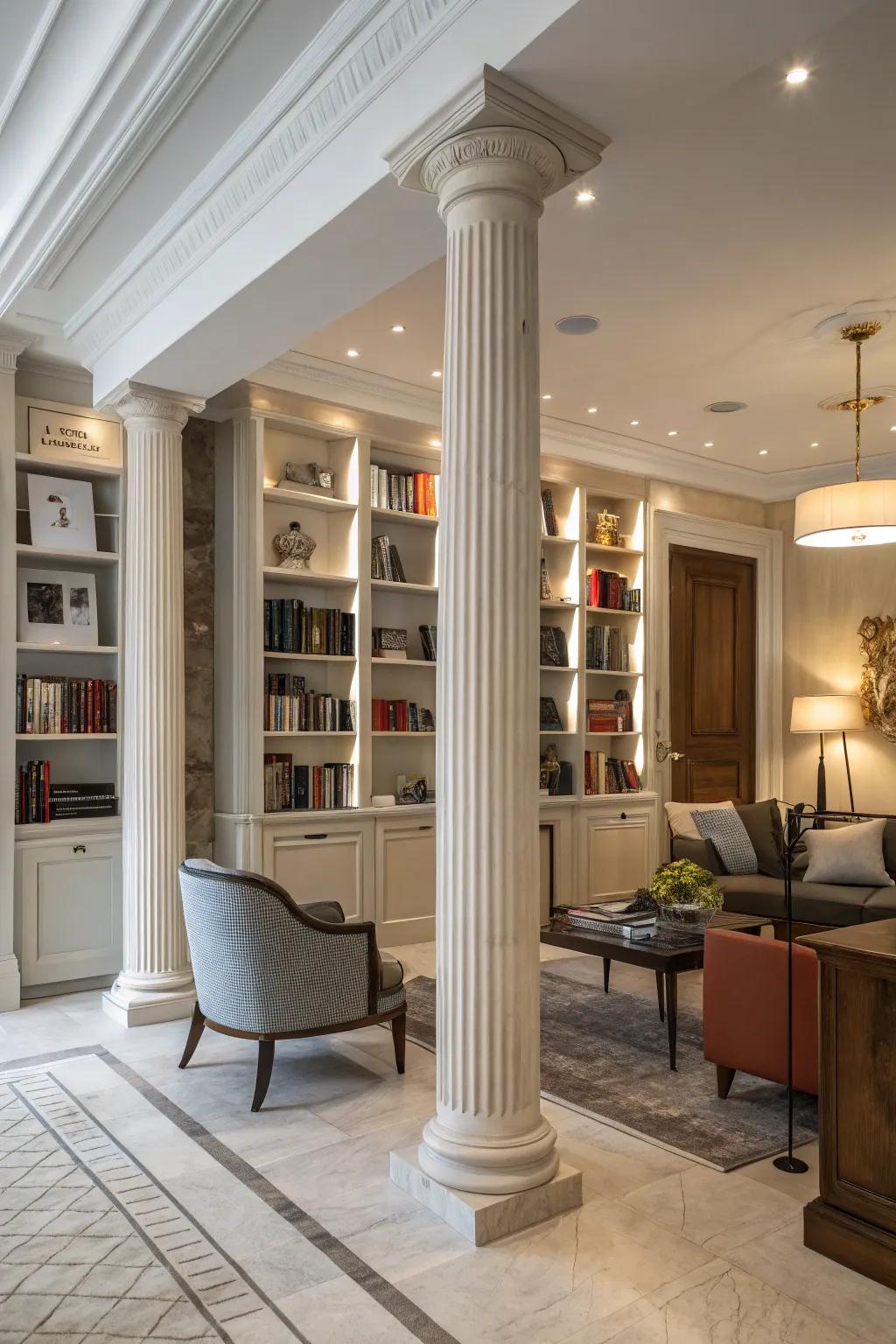 Columns with built-in bookshelves for added functionality and style.