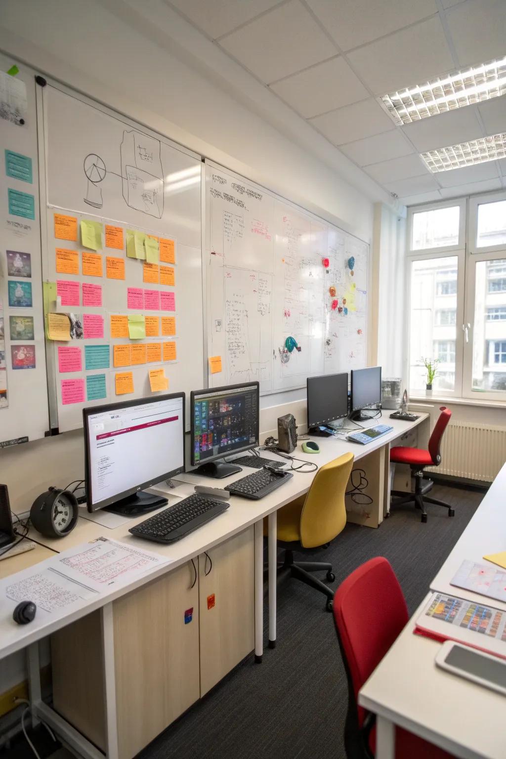 A creative computer room showcasing a whiteboard for planning.