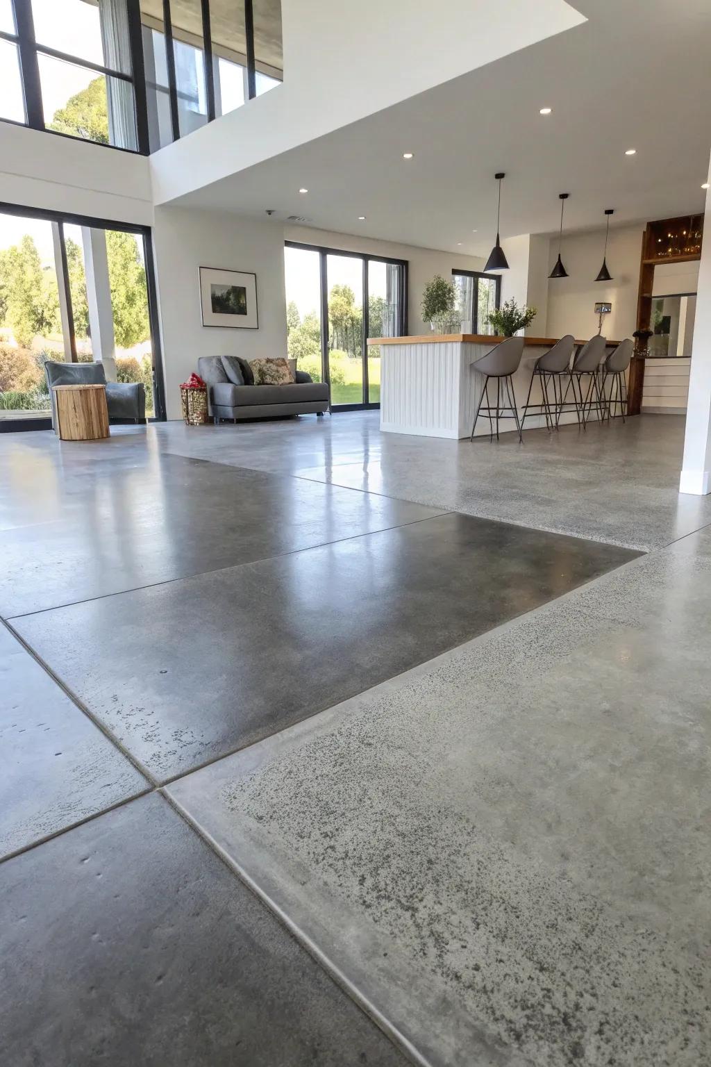 Gradient-colored concrete floors add depth to a spacious living area.