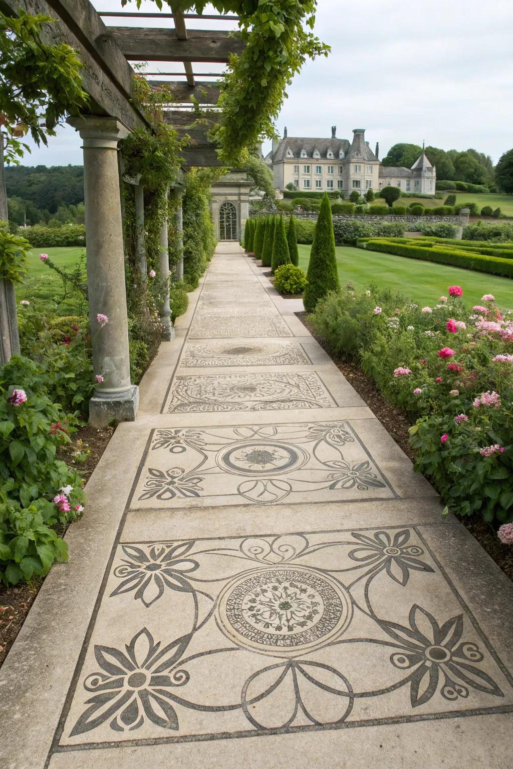 Saw-cut patterns transform walkways into artistic statements.