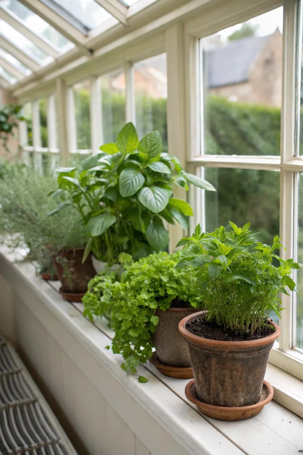 A compact herb garden thriving in a conservatory.