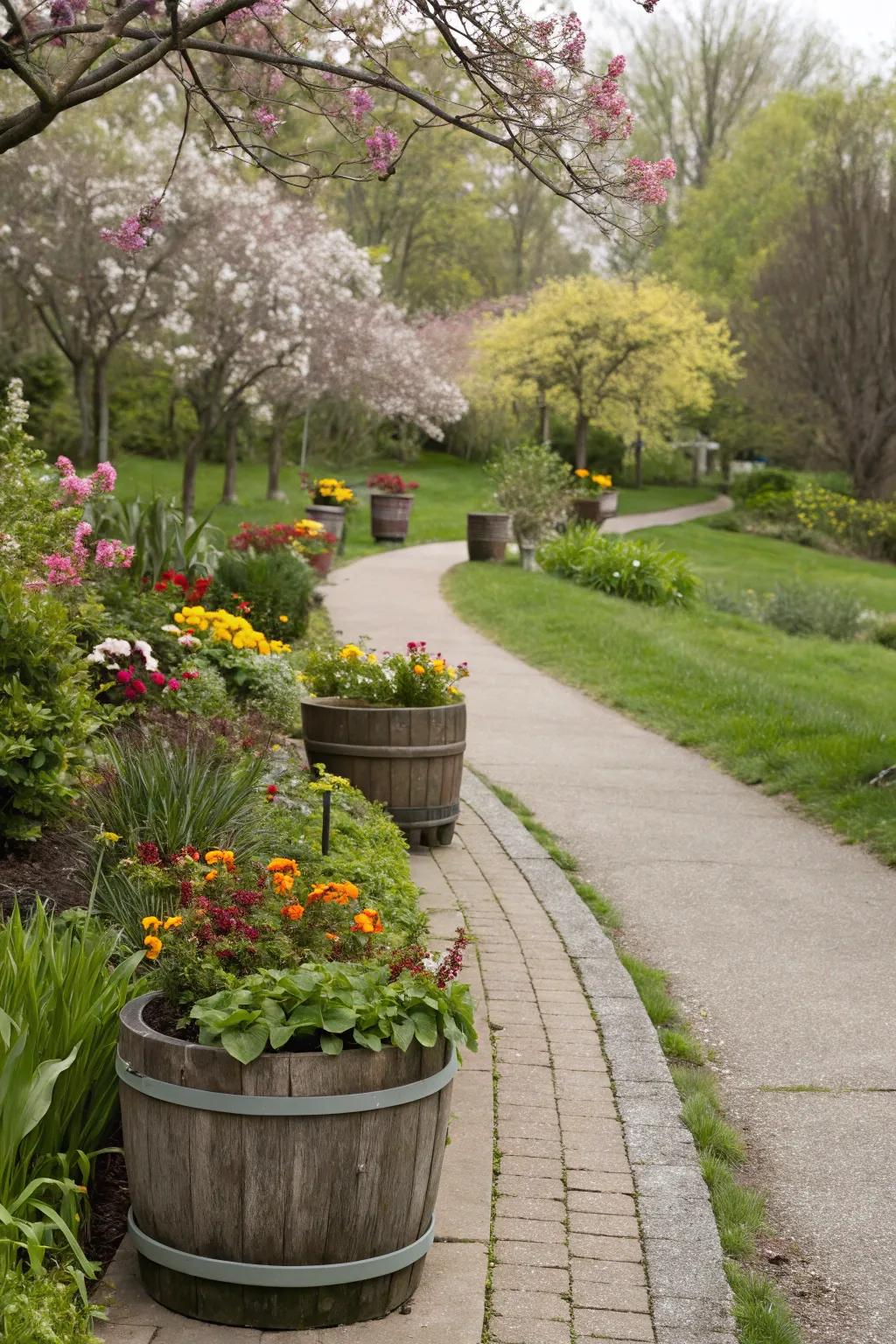 Planters directing the walkway in a garden.