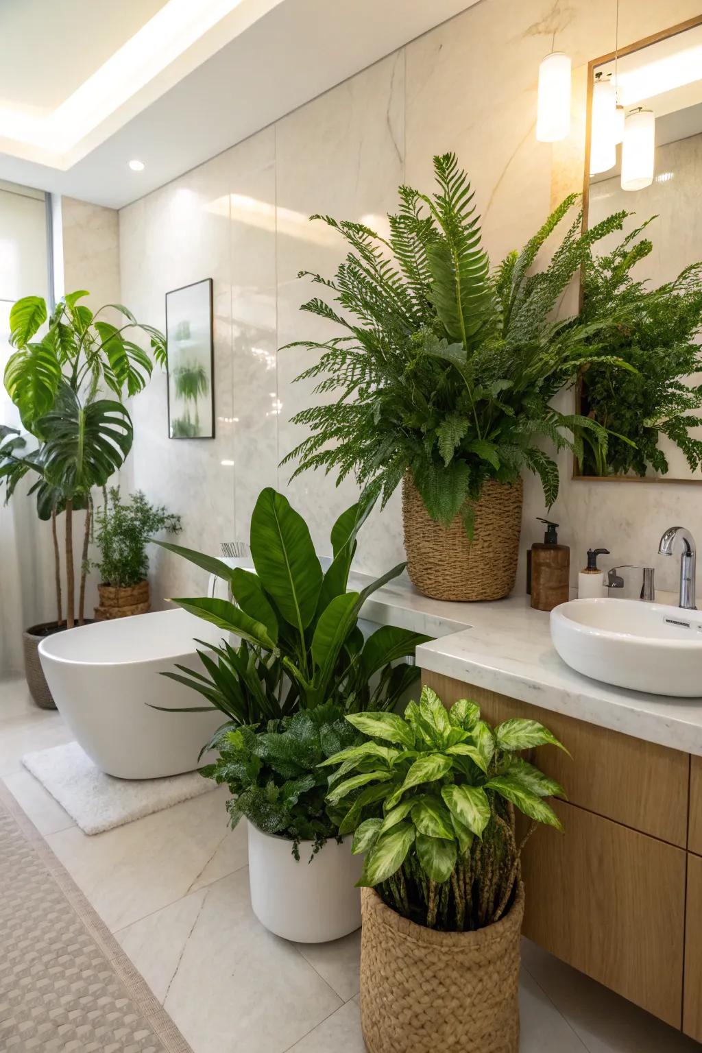 Bathroom with lively greenery adding freshness and life.