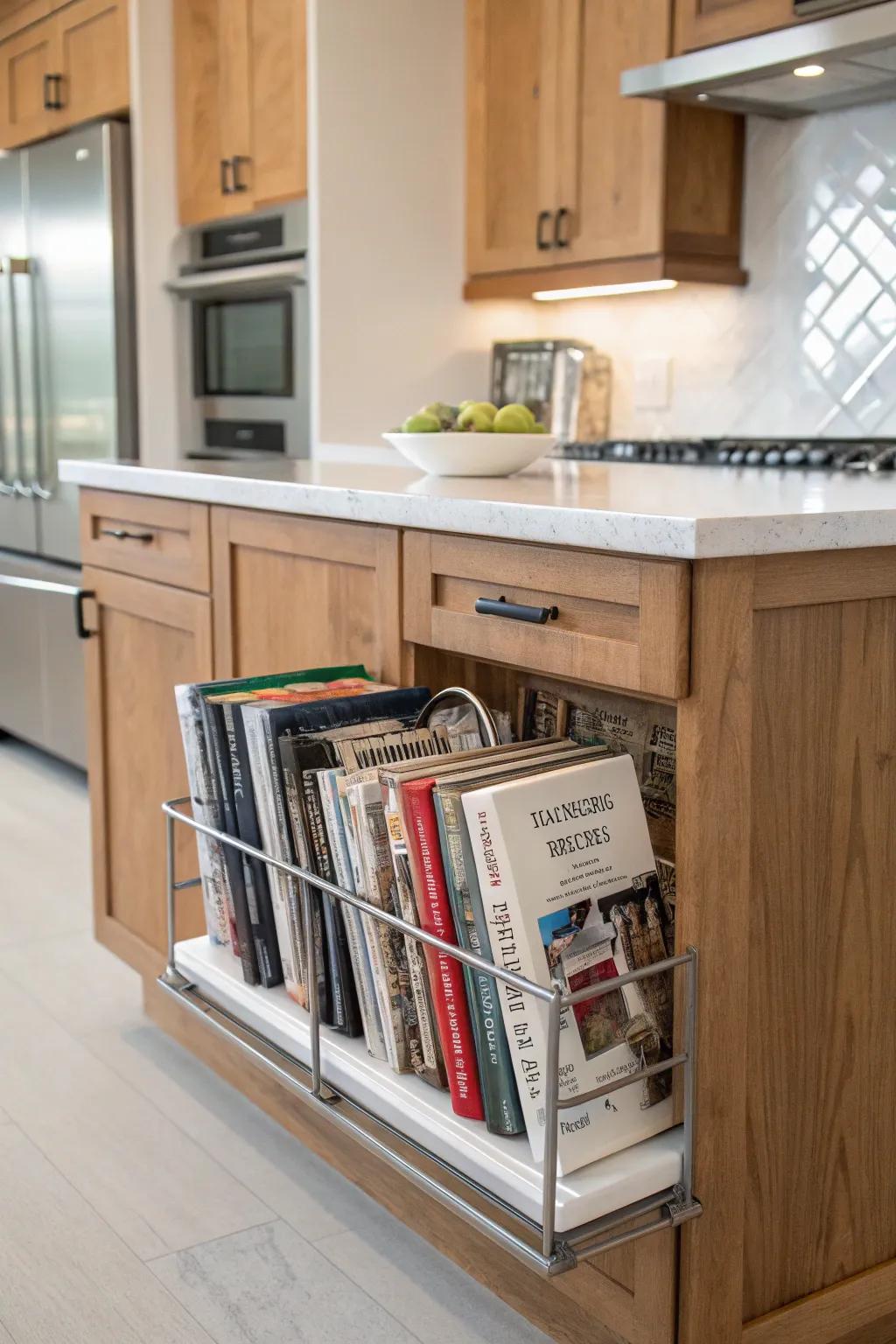 Recessed racks are a space-saving solution for cookbook storage.