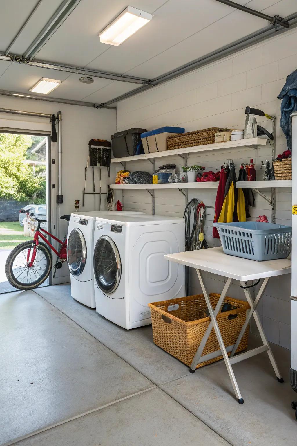 A utility corner with laundry facilities adds practicality to the garage.