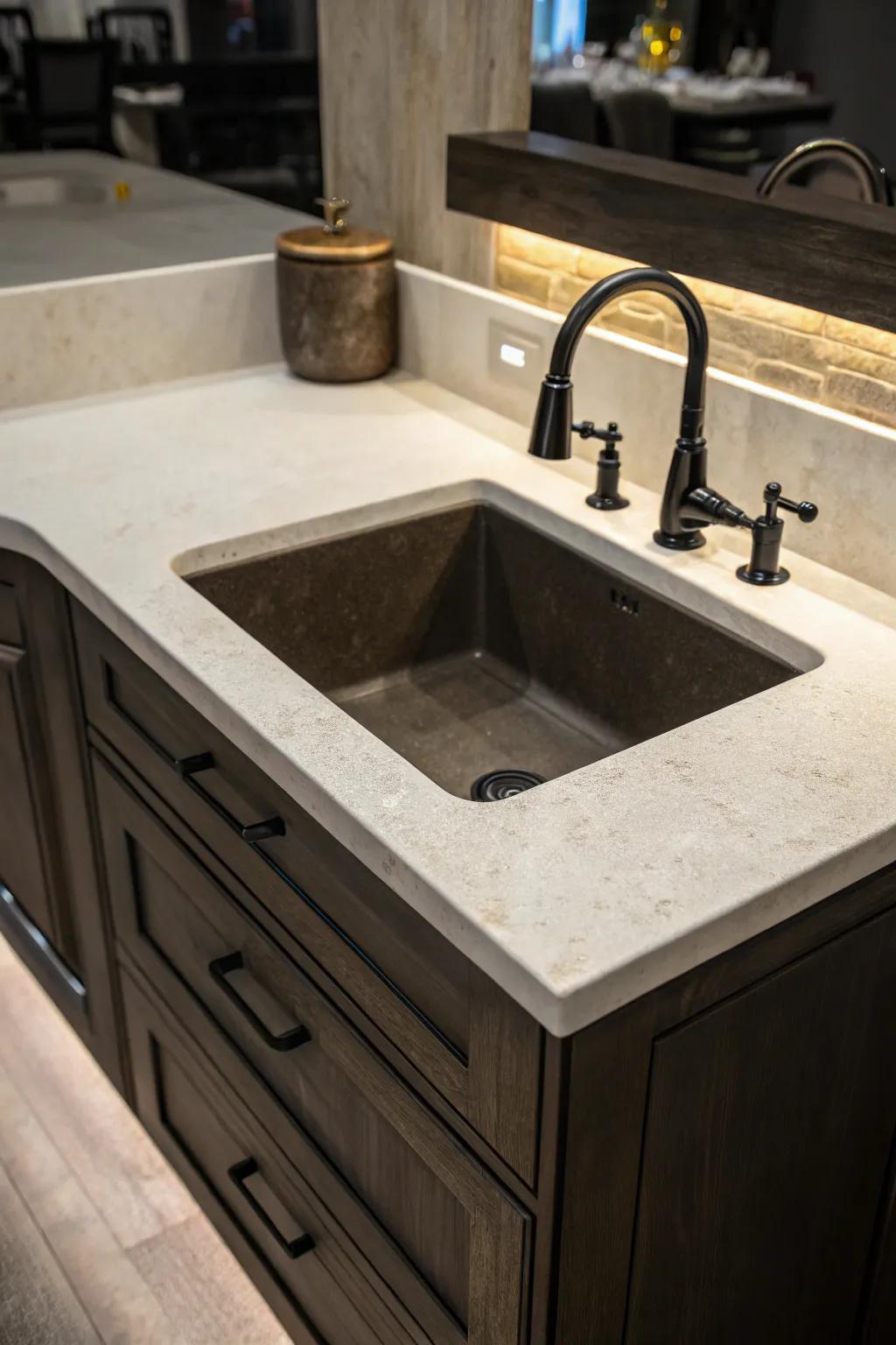 A dark corner sink offering dramatic contrast against light kitchen surfaces.