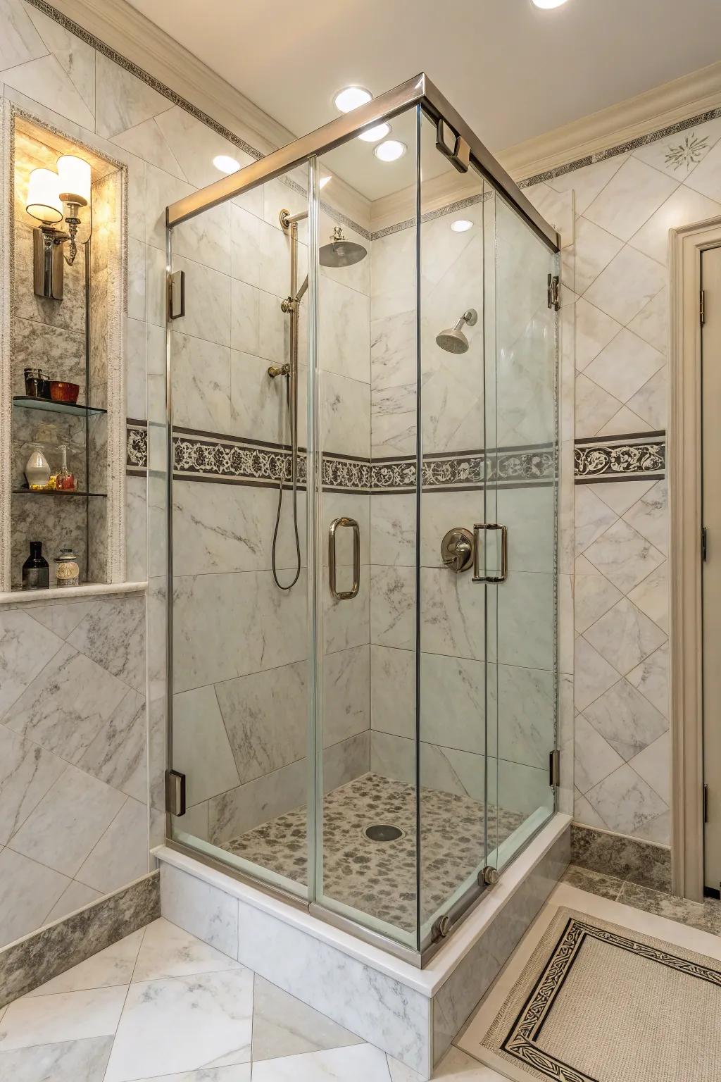 Marble-simulated tiles extend opulence and facilitate effortless maintenance.