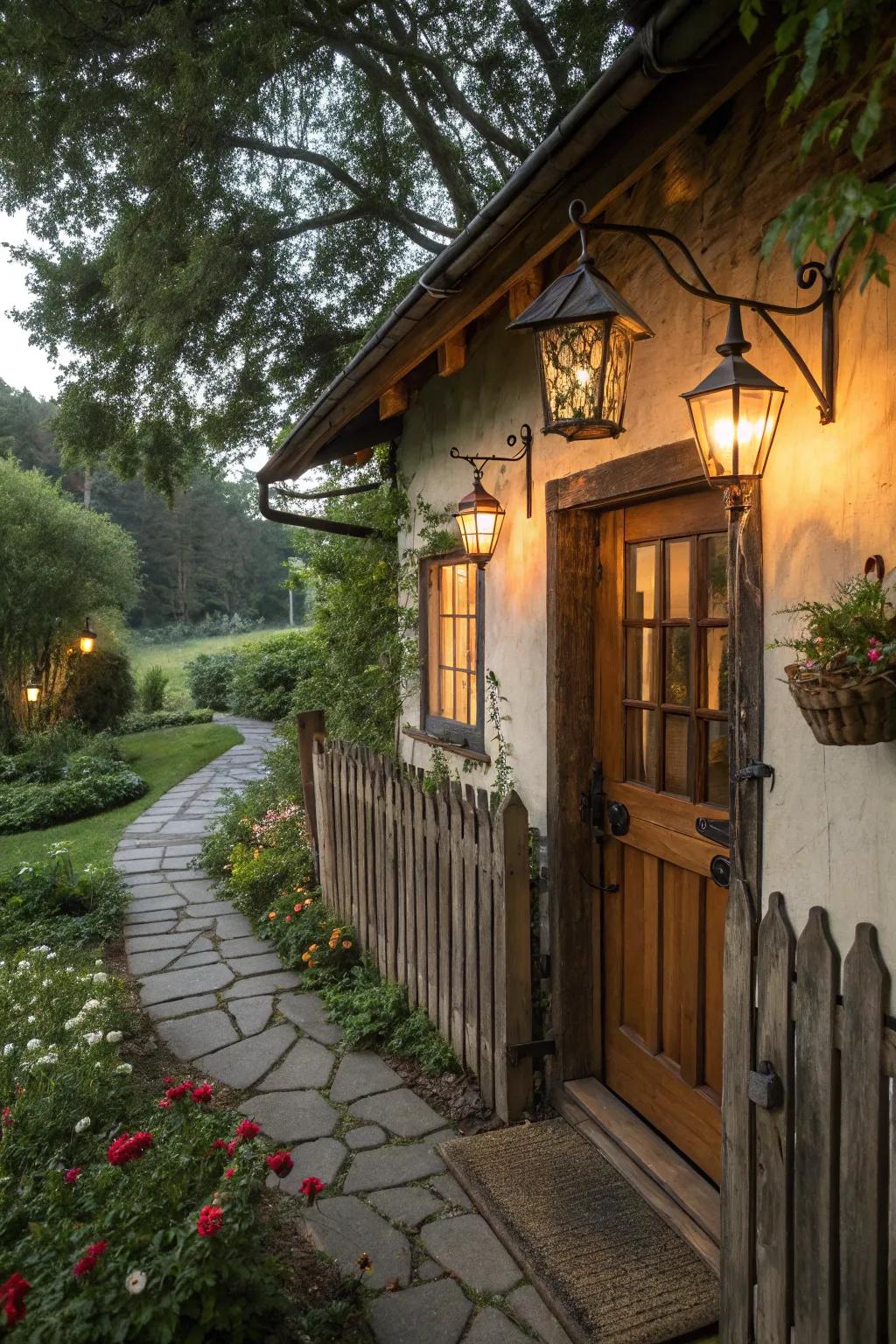 Period illumination fixtures add warm charm to a cottage exterior.