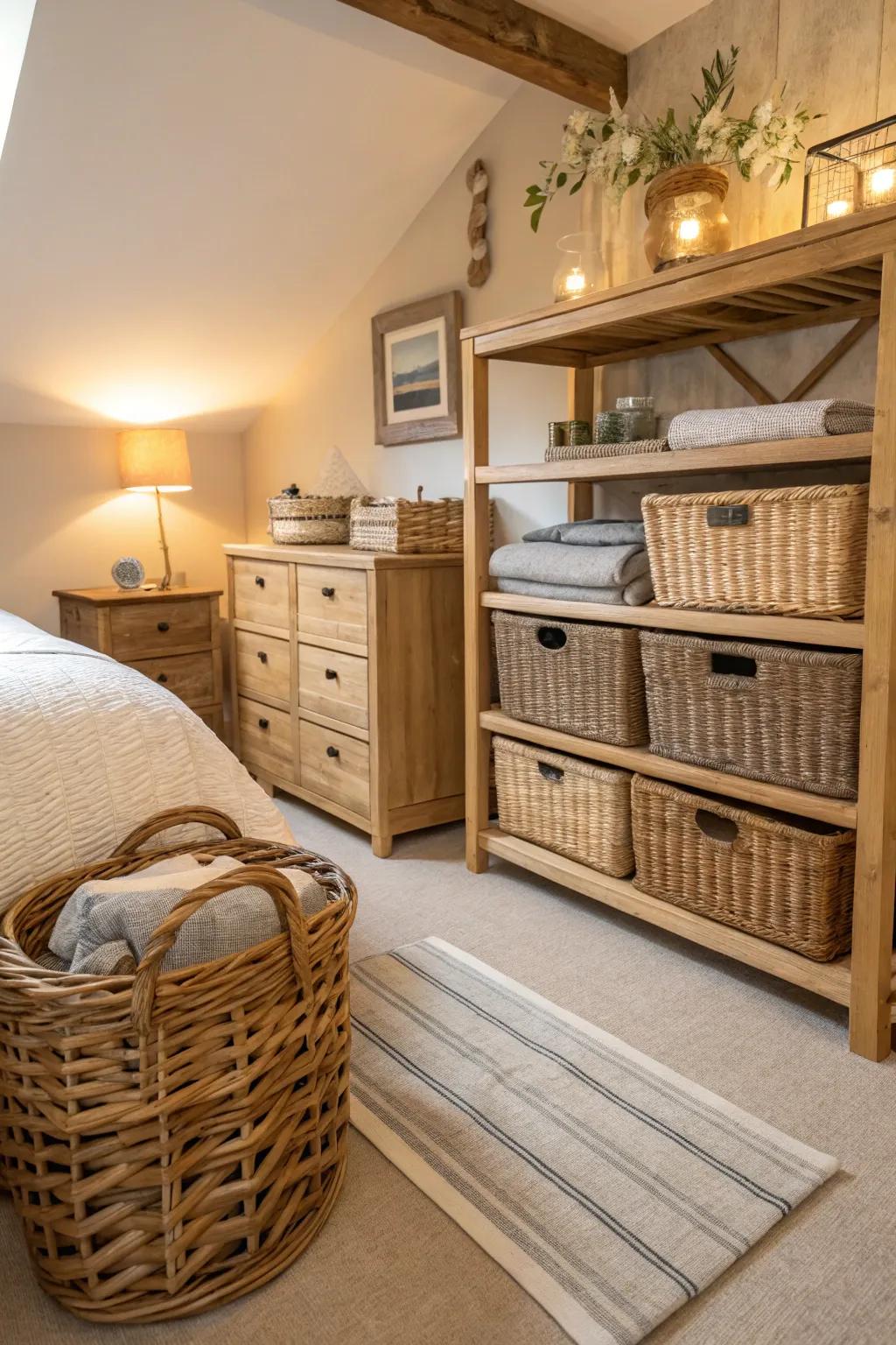 Natural storage solutions offer practical charm.