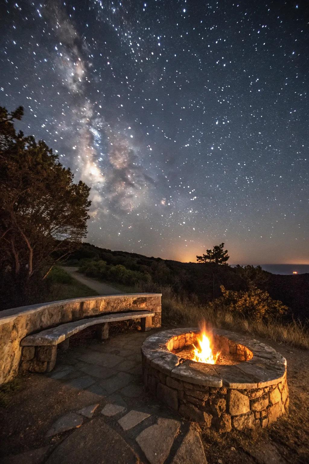 Stone benches provide both seating and a rustic aesthetic to your fire pit zone.