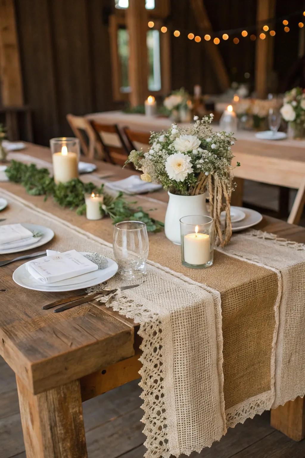Unrefined wedding embellishments featuring hessian table carpets for added texture.