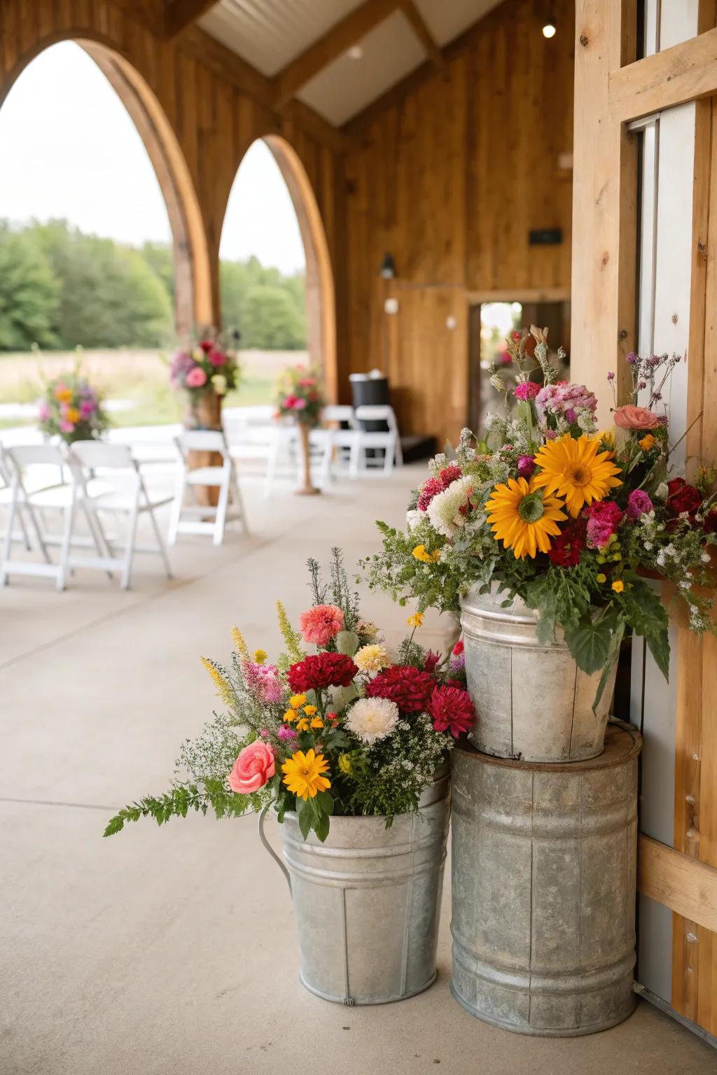 Electroplated pails filled with blooms introduce a farm-fresh accent.