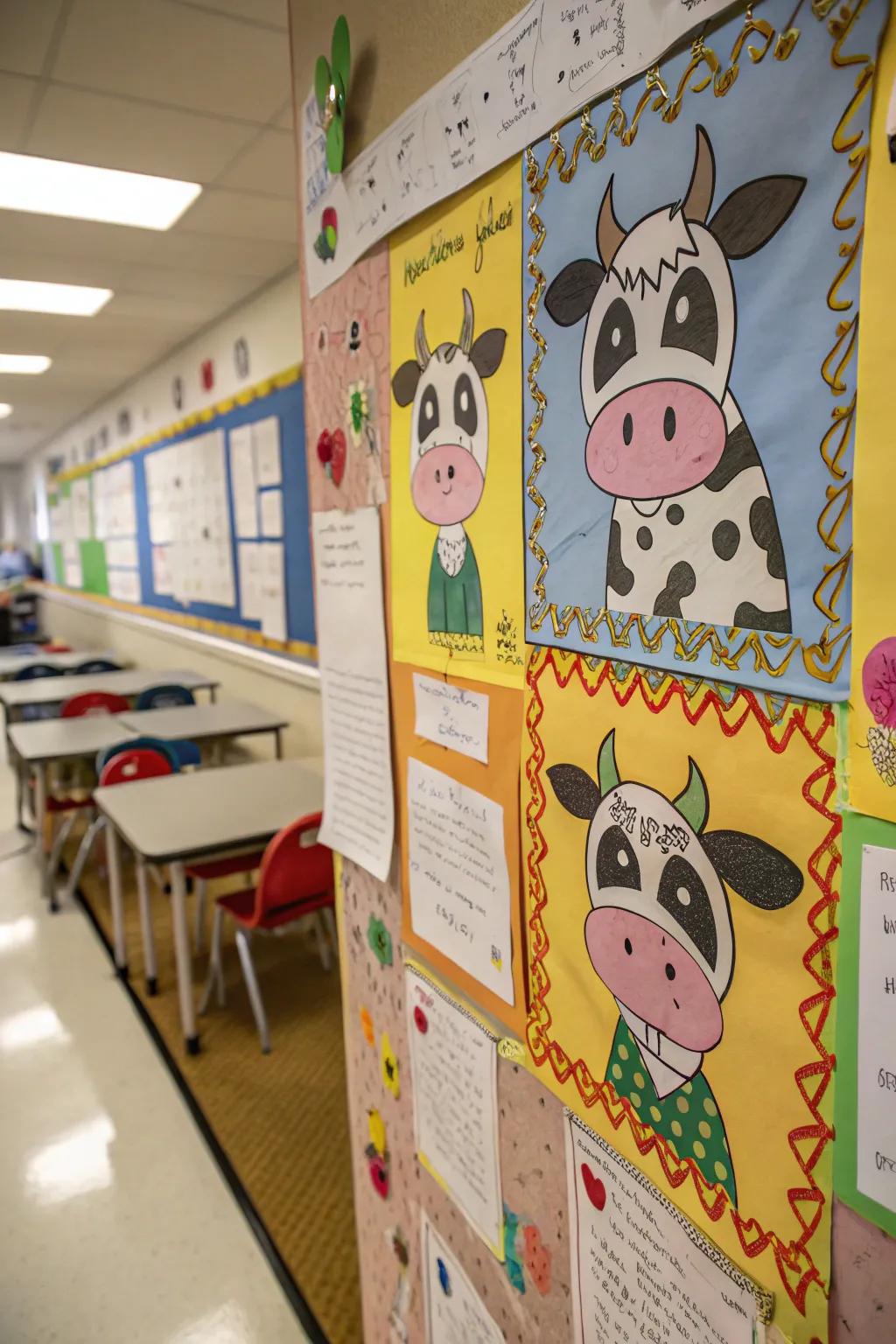A 'Design Your Unique Bovine' bulletin board featuring student artwork