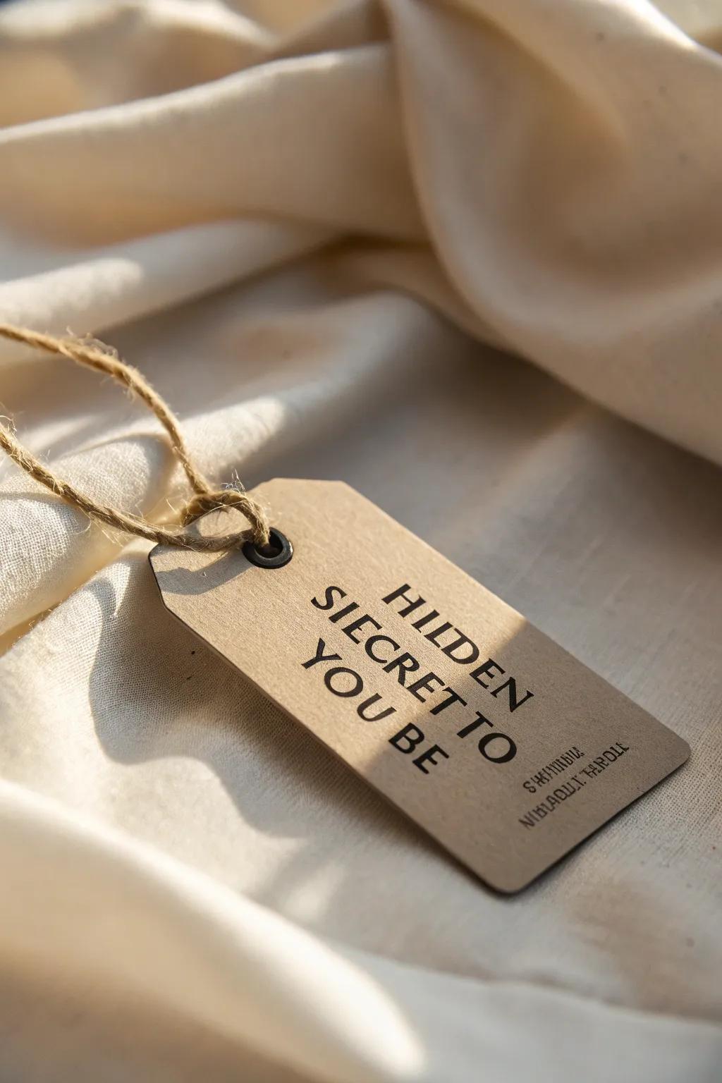 A hang tag with a hidden message inside, adding an element of surprise.