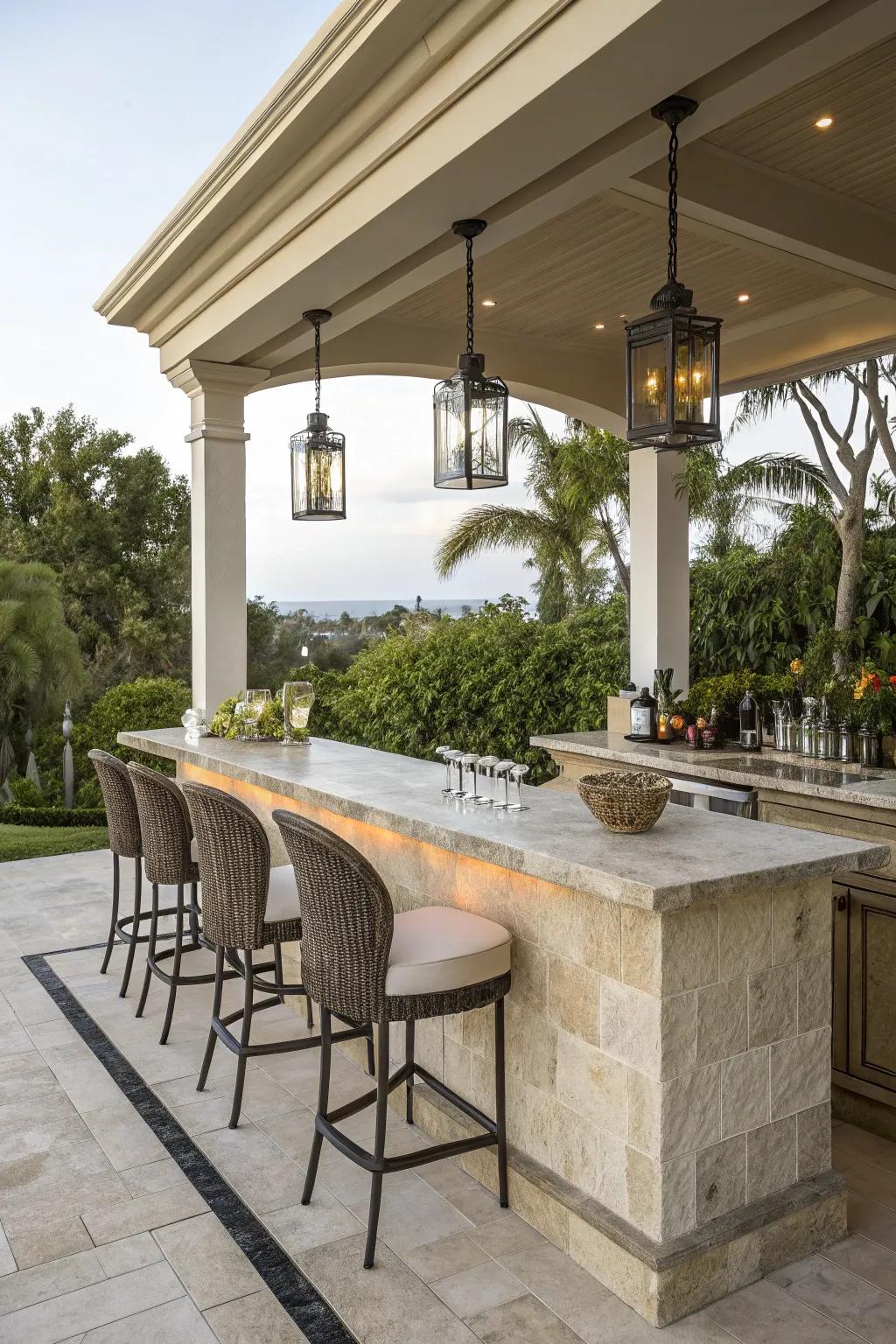A stone coating infuses elegance into this outdoor bar.