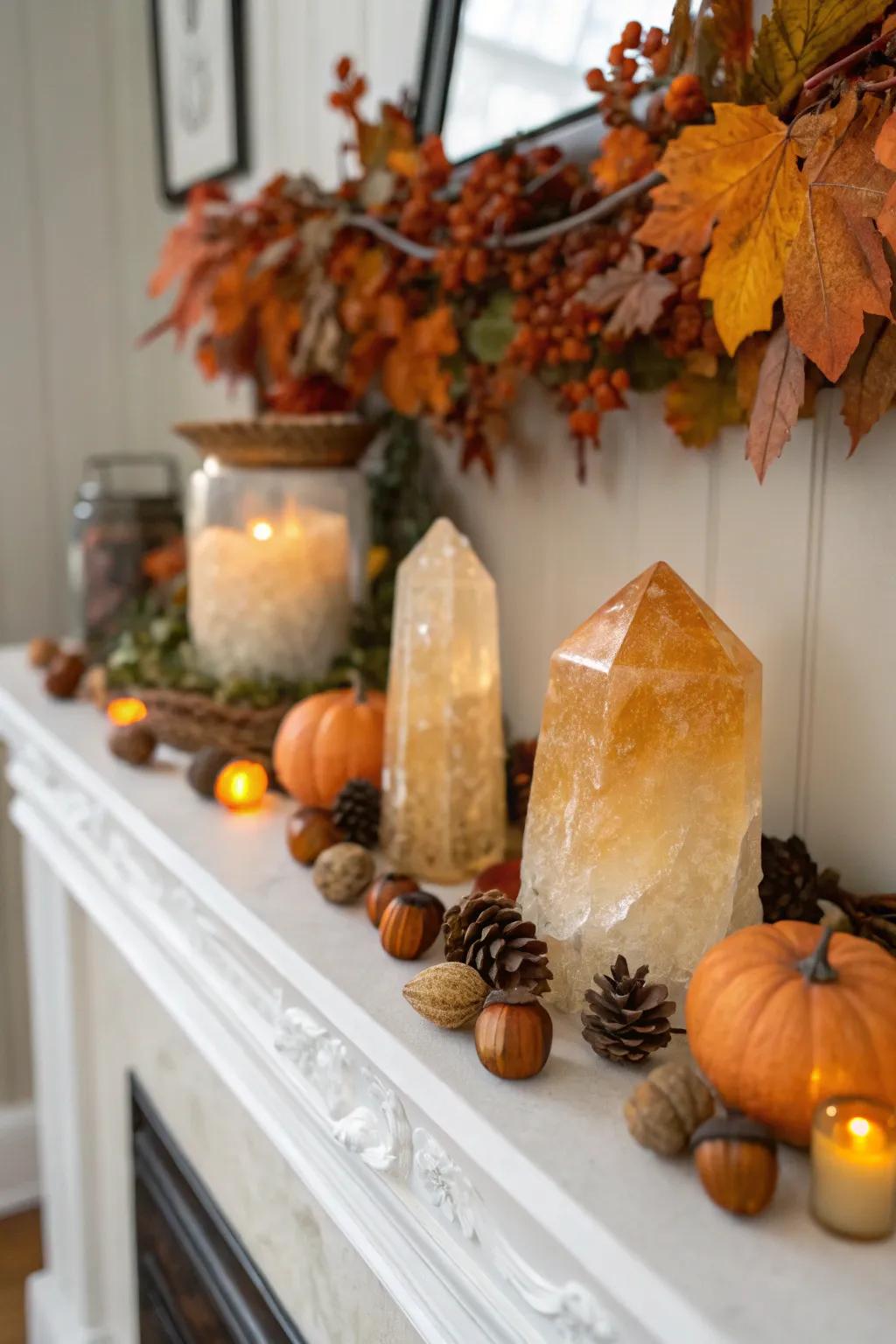 A mantel decorated with citrine crystals for fall.