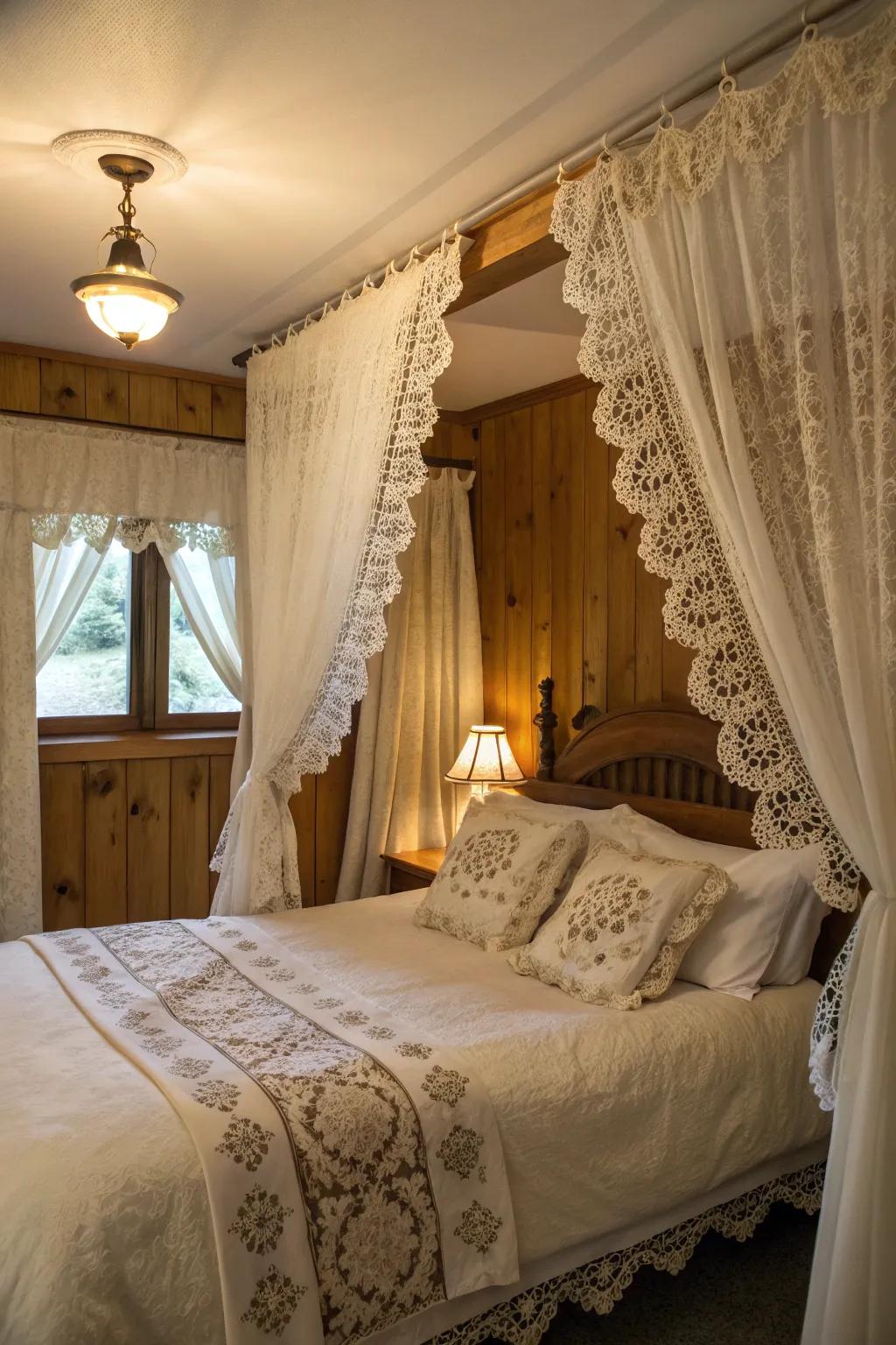 Romantic bedroom curtains showcasing vintage lace accents.