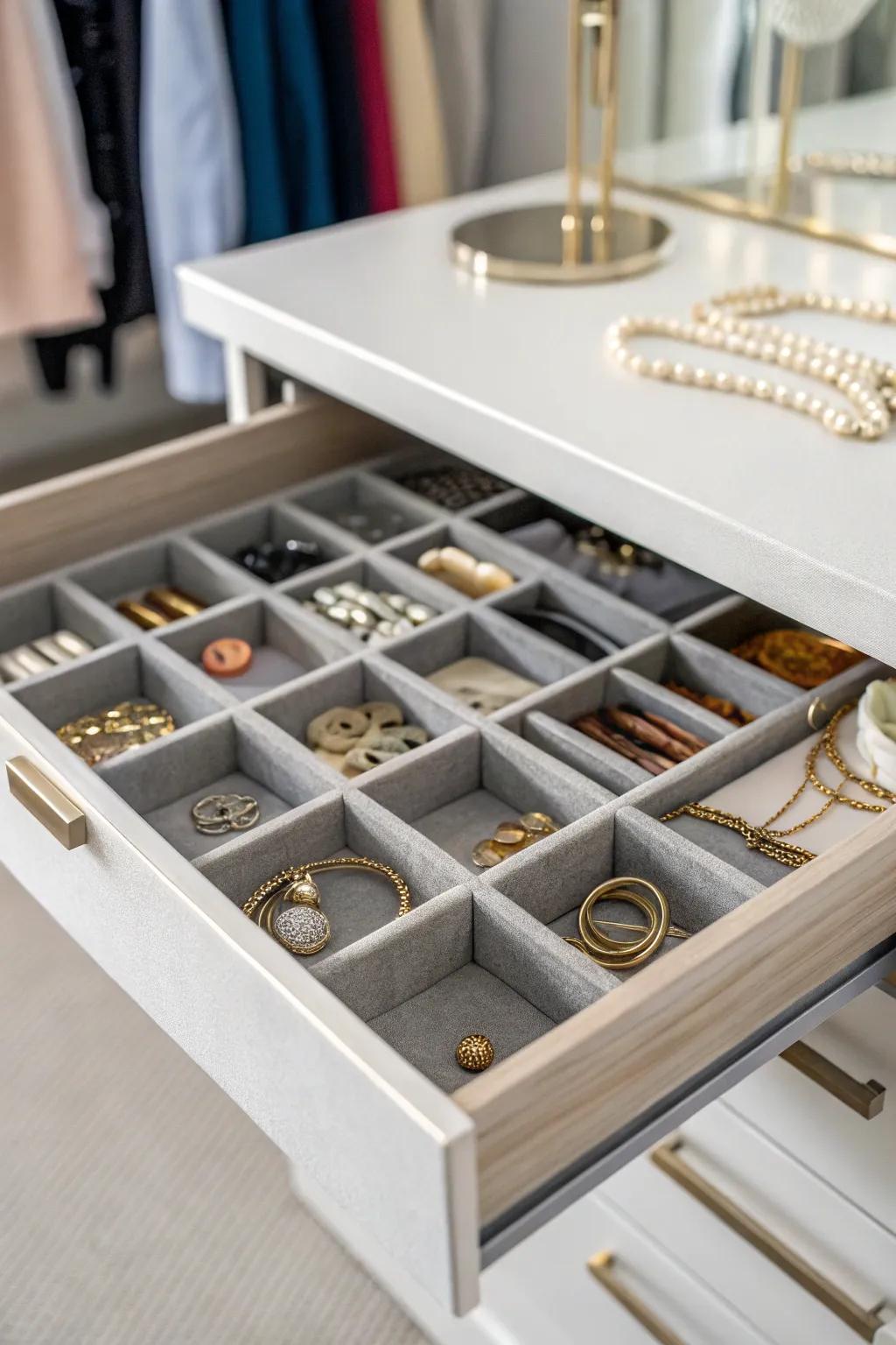 Drawer organizers keep small items neatly organized.