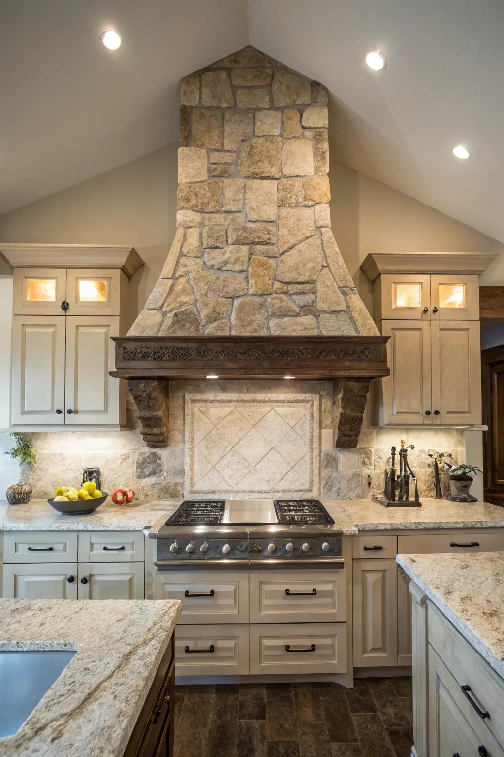 Stone range hoods introduce a dramatic and natural element.