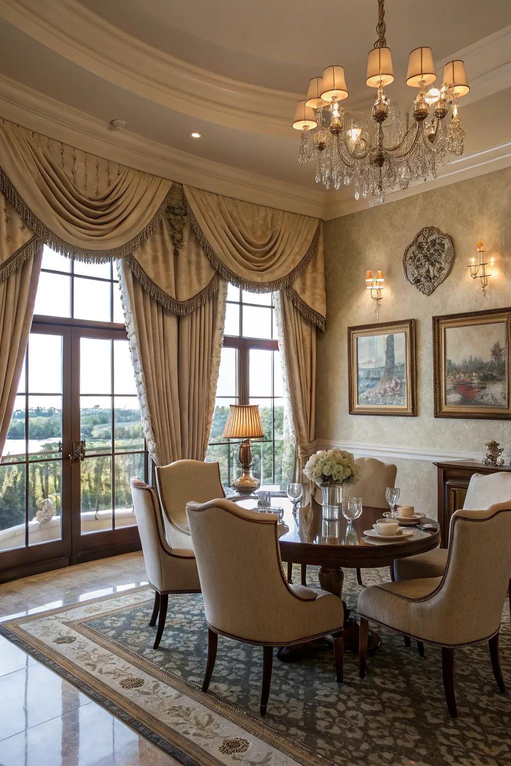 Achieve a polished appearance with curved border valances in your dining space.