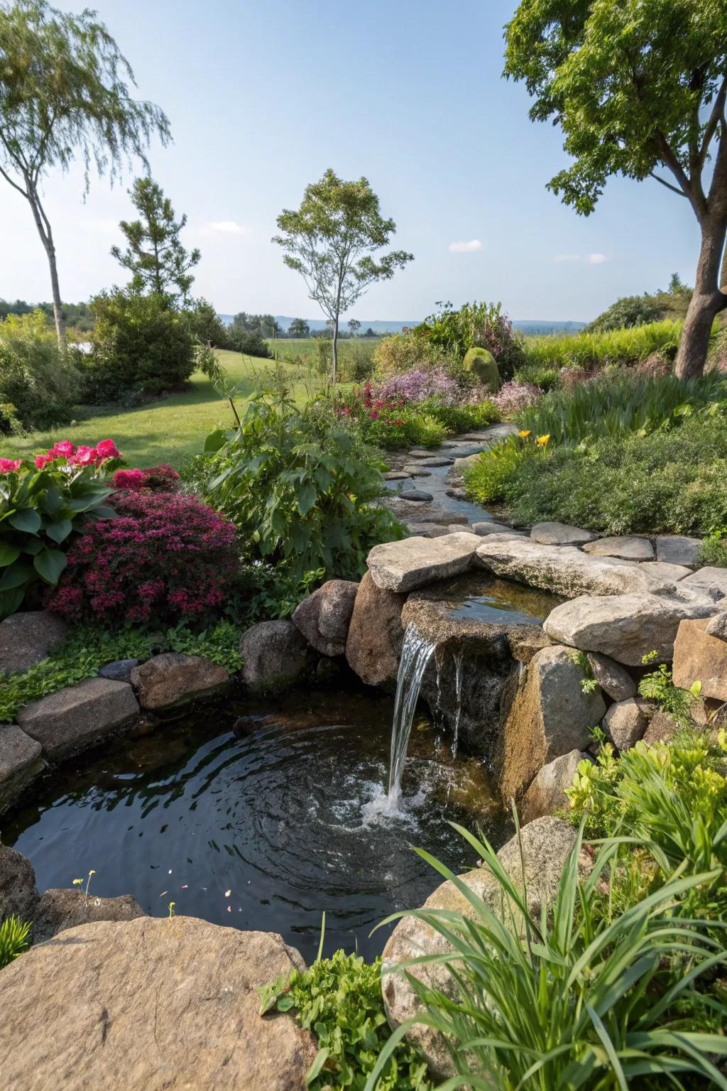 A stone aquatic element infuses serenity and a calming ambiance.