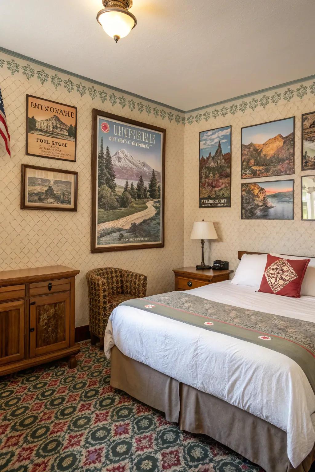 Throwback journey posters inspiring wanderlust in a guest room.