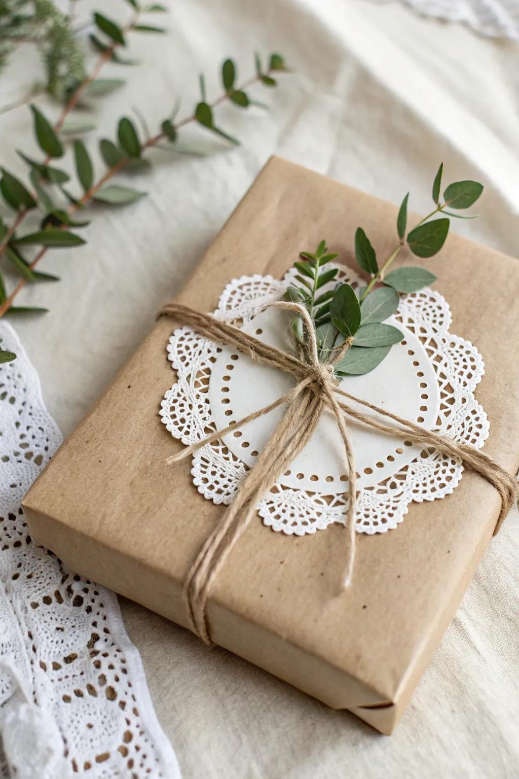 Elevate your gift wrapping with a touch of lace and nature. #DoilyDelight #MinimalistWrap